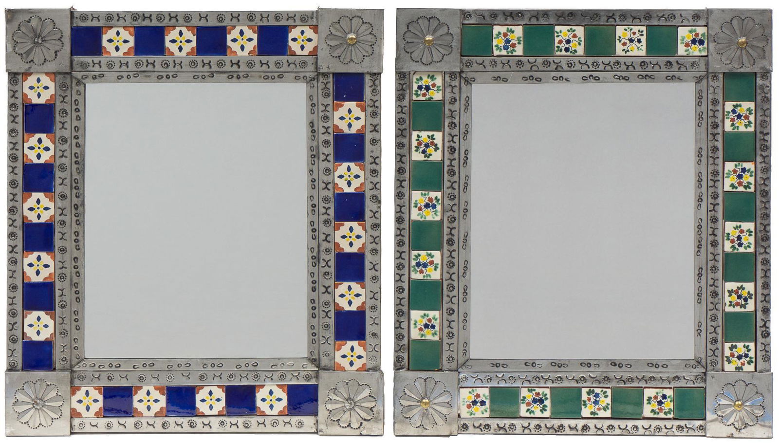 Pair of Mexican Folk Art Tile and Tin Mirrors (1 of 2)