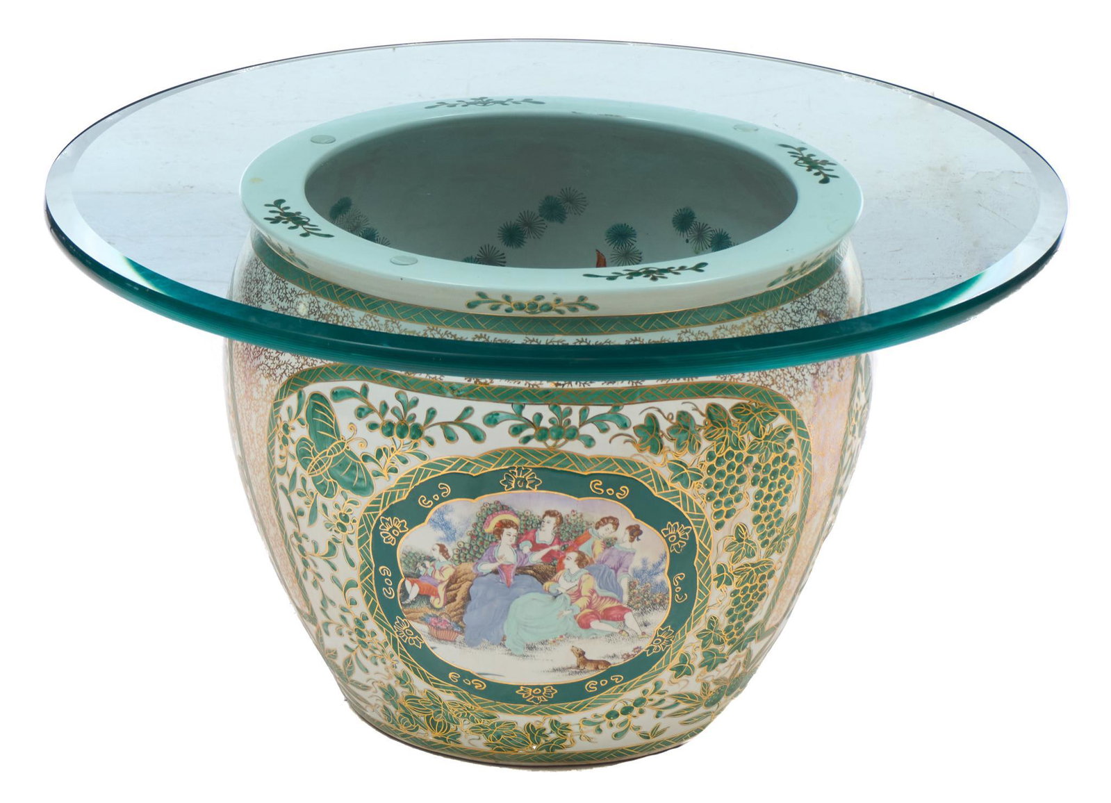 Vintage Chinese Glass Top Koi Pot: Vintage Chinese porcelain koi pot, having circular glass top over Chinoiserie base, with figural accents, signed 16.5"h x 30"d Provenance: A San Antonio, TX Collection We happily provide seaml