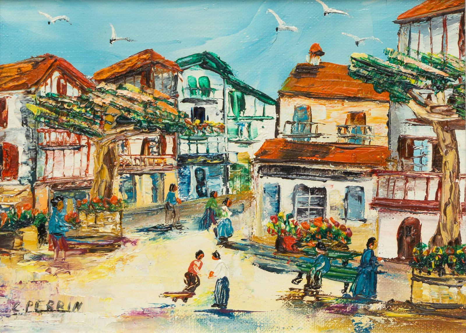 C. Perrin, City Square: C. Perrin, city square, oil on canvas, framed frame: 12"h x 14"w Provenance: The Estate of Barbara "Babs" Baugh (San Antonio, Texas) We happily provide seamless shipping services on ev