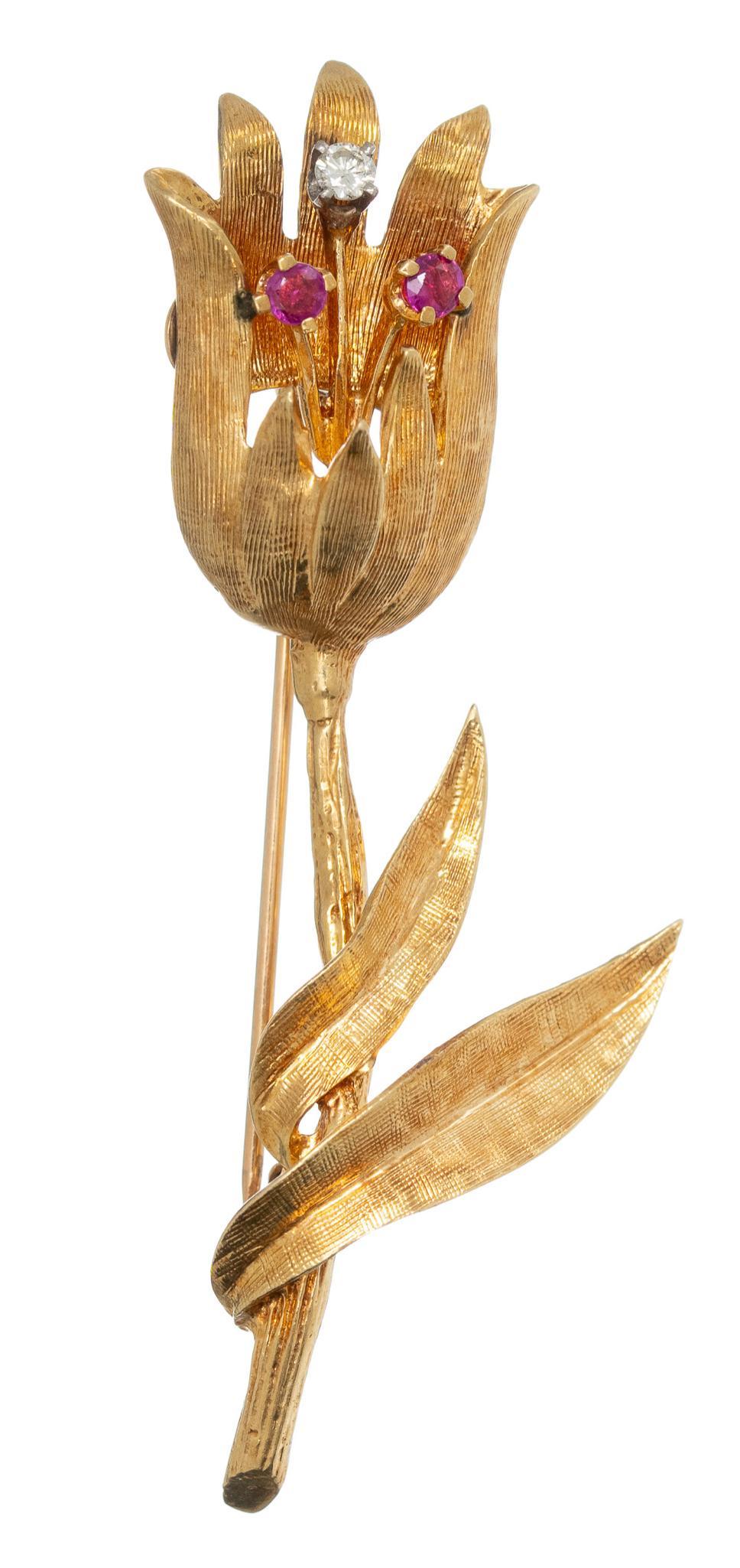 Vintage Ruby Diamond Flower 18k Gold Brooch (1 of 3)