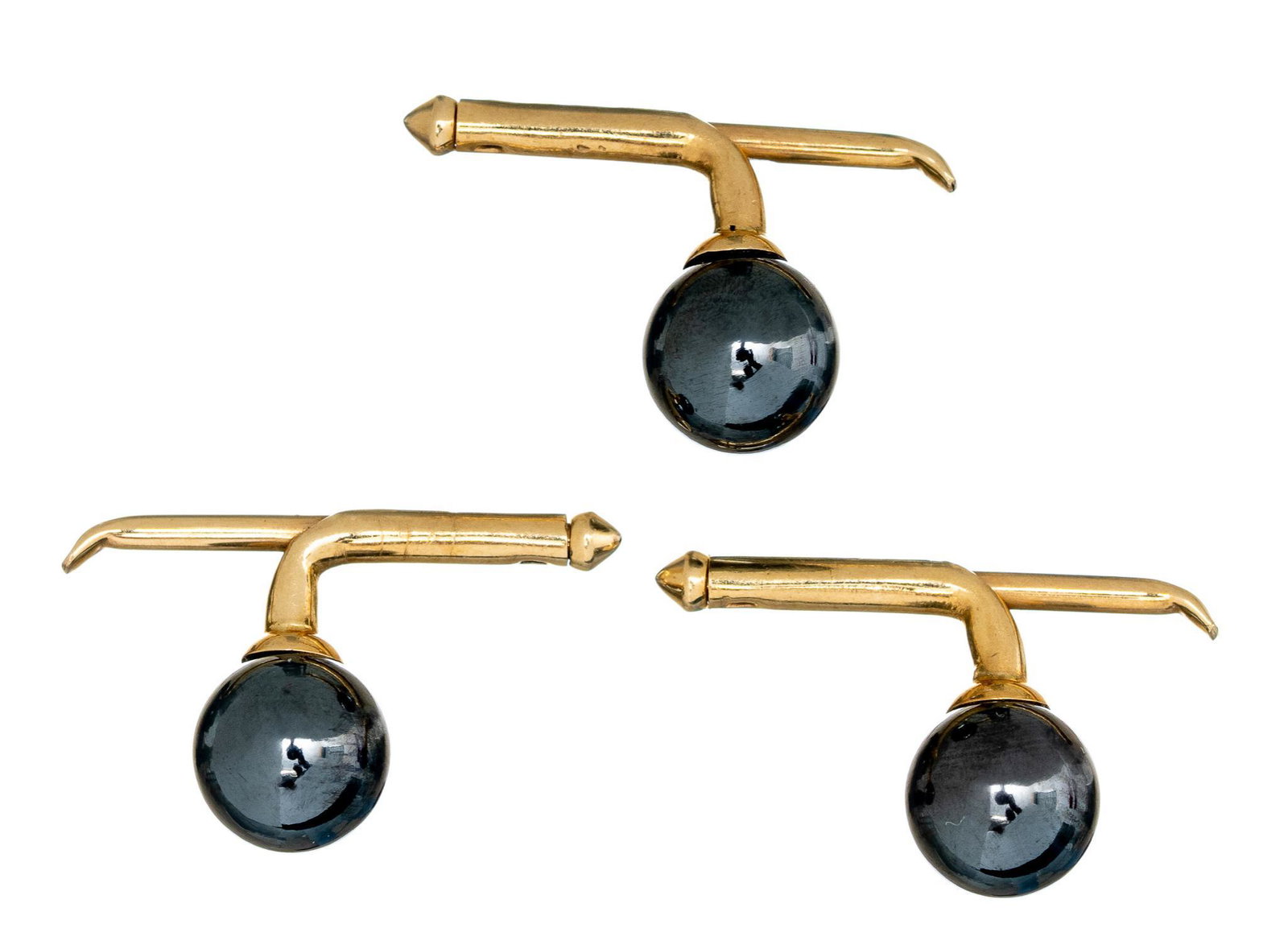 Vintage Hematite 14k Gold Shirt Stud Set: Vintage 14k yellow gold hematite orb shirt stud set Length: 7/8", total weight: 6.1 grams Provenance: The Estate of Joseph H. Frost III, San Antonio, Texas We happily provide seamless shipping