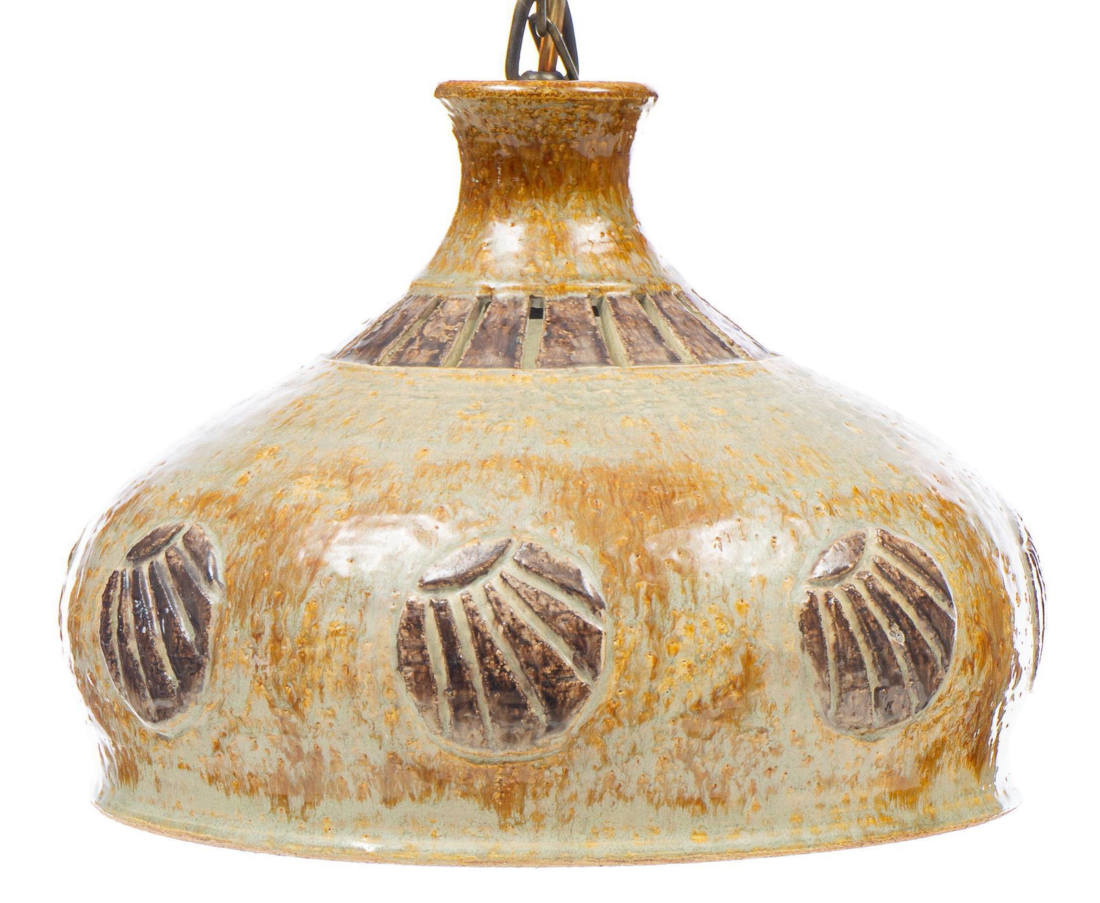 Chris Haslev, Mid-Century Pottery Chandelier: Chris Haslev, Mid-Century pottery chandelier, having tan glazed seashell motif 9"h x 10"d Provenance: A Rockport, TX Collection We happily provide seamless shipping services on everything w