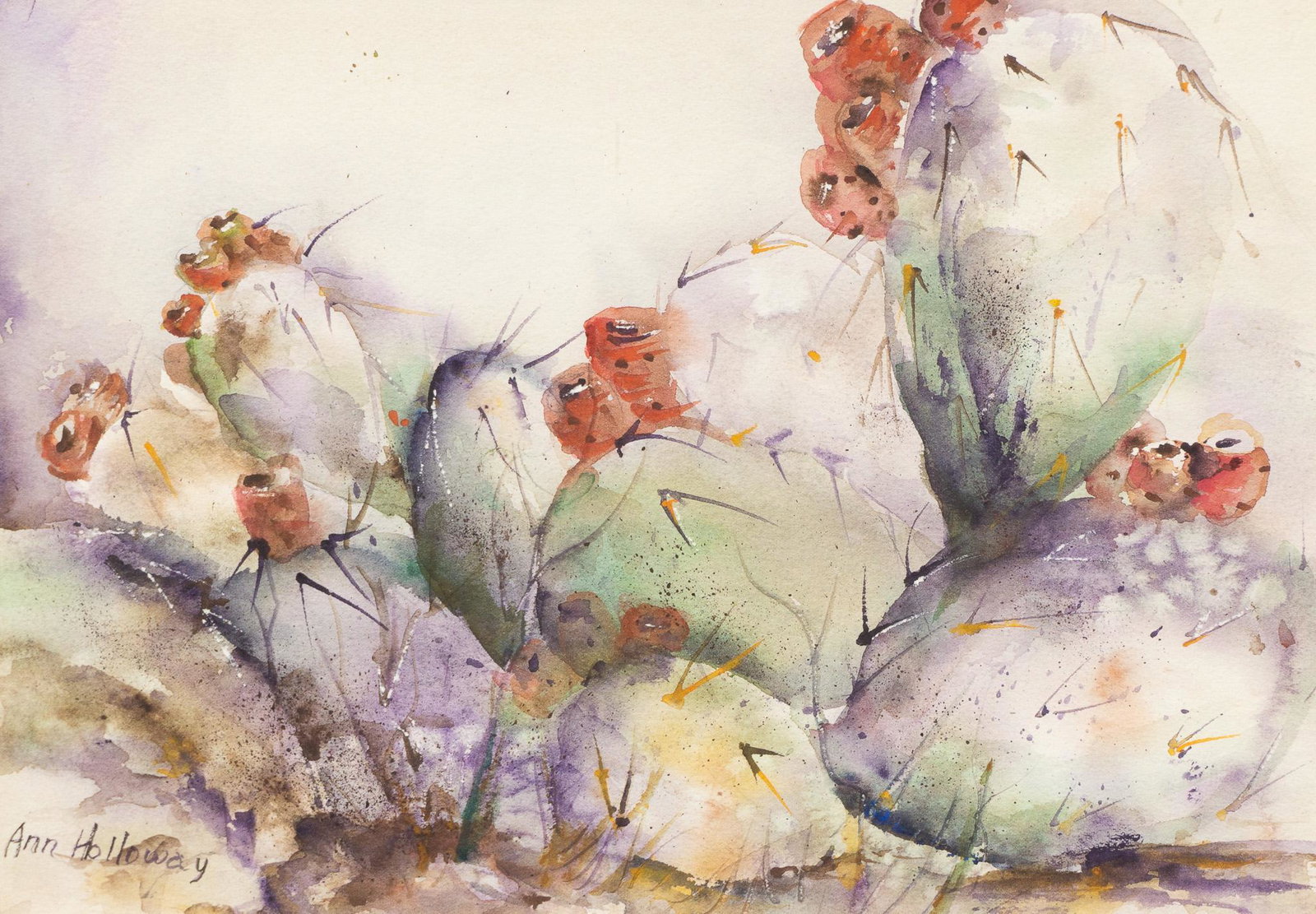 Ann Holloway, "Autumn Prickly Pear": Ann Holloway, titled "Autumn Prickly Pear", watercolor, framed frame: 12.5"h x 21"w Provenance: A Rockport, TX Collection We happily provide seamless shipping services on everything we