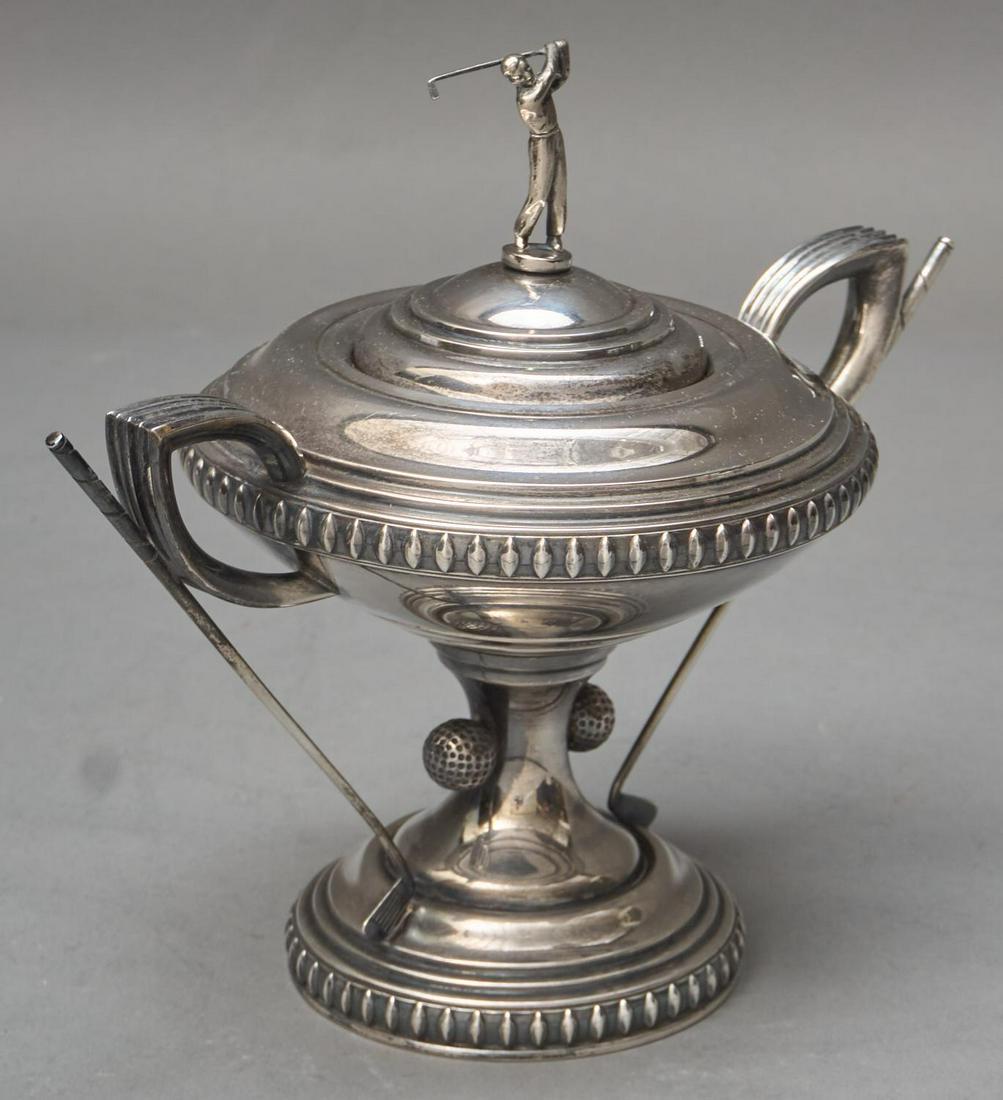 Hookers and Slicers Gold Club (JAP) Silver Trophy: Hookers and Slicers Golf Club (Tokyo, Japan) trophy, sterling, inscribed for Thanksgiving Day with figural lid 8.94 ozt weighable sterling, 7"h x 8"w x 5"d Note: Unmarked but acid tested, 