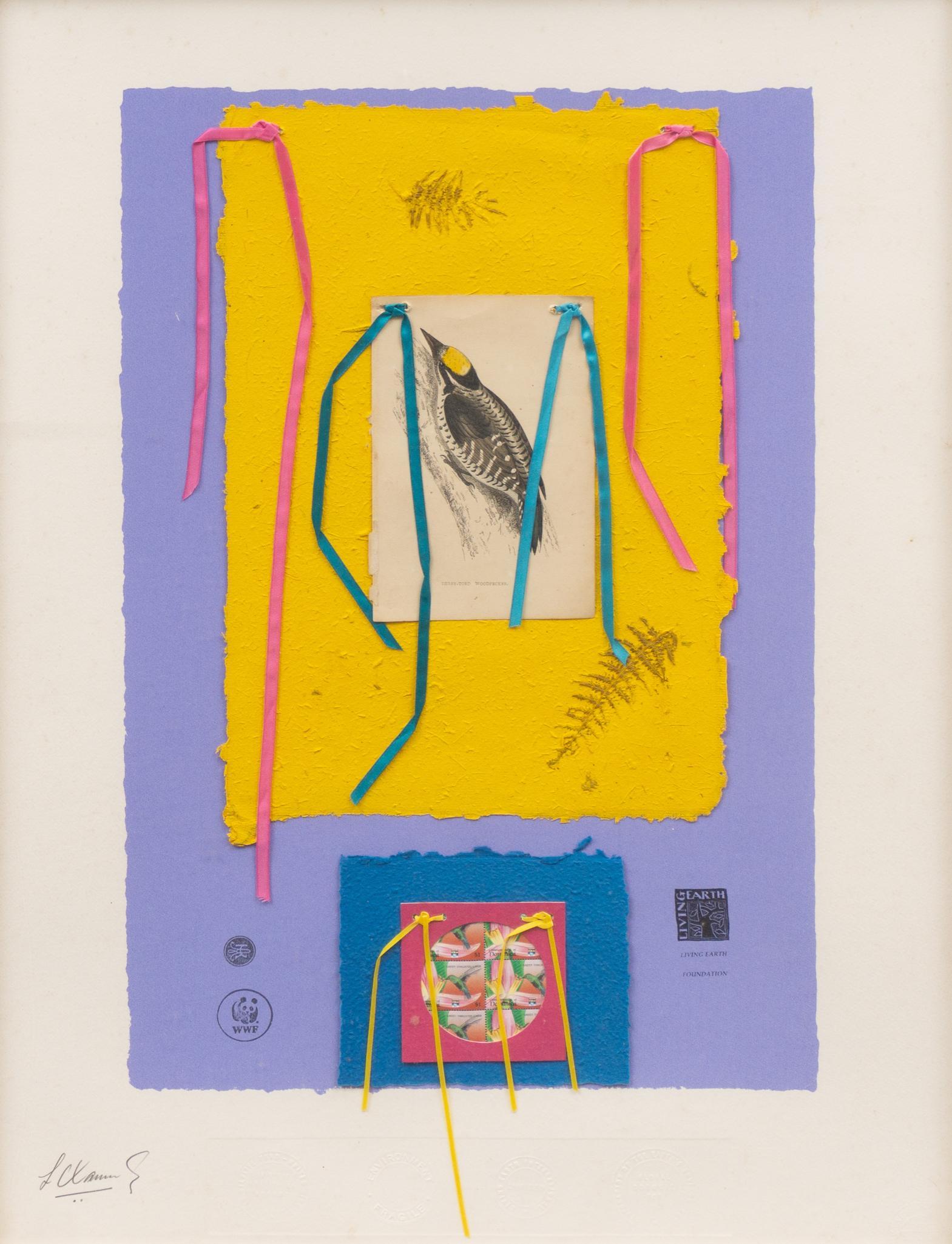 Llewellyn Xavier, Woodpecker and Carib, Collage: Llewellyn Xavier, Woodpecker and Carib, collage, framed frame: 35"h x 26.5"w Provenance: The William and Mary Anne Hudson Estate, Houston, Texas We happily provide seamless shipping service