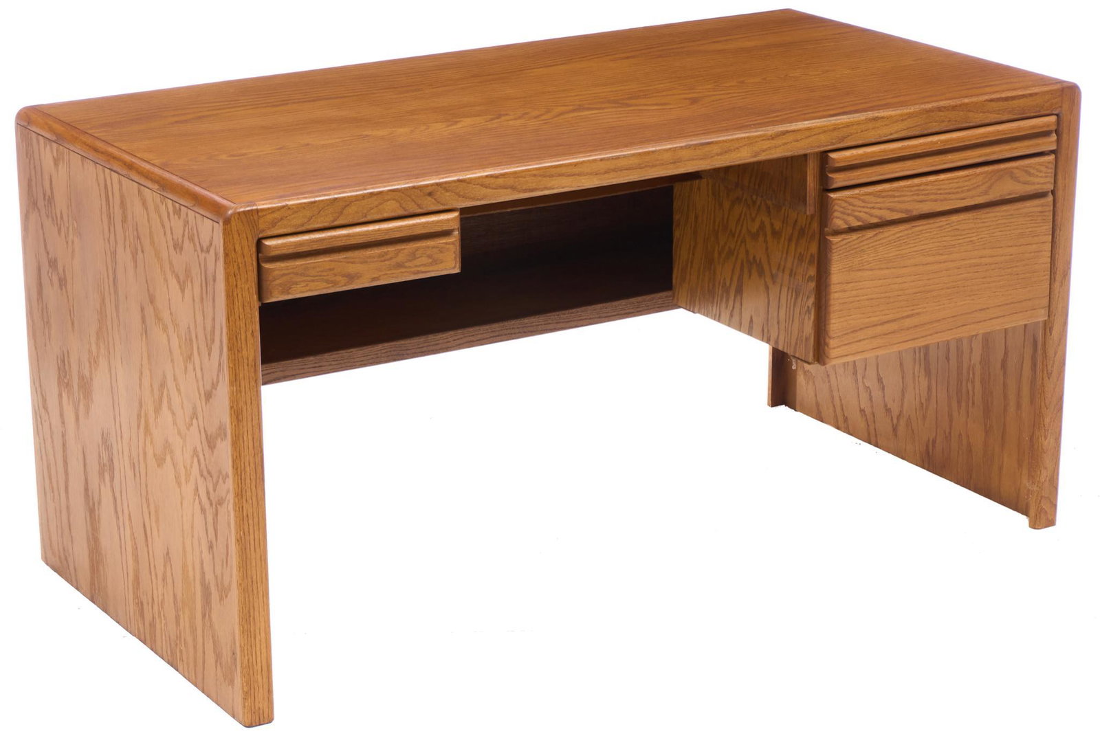 Mid-Century Knee Hole Desk: Mid-Century knee hole desk, having four drawers, rising on solid legs 30"h x 60"w x 13"d Provenance: An Olmos Park, TX Collection We happily provide seamless shipping services on everythin
