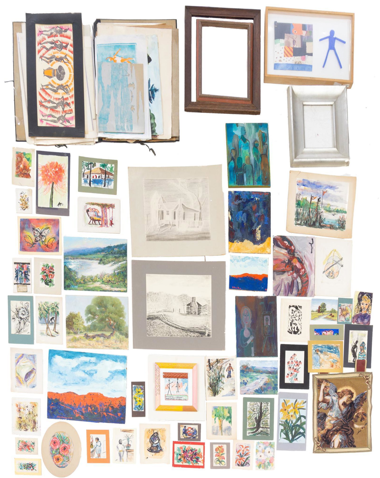 Collection of Approx. 100 Artworks, to include Mahaffey: Collection of approx. one hundred various artworks, some original to include Josephine Mahaffey (1903-1982, Texas), some signed, to include prints, originals, names such as John Hadley, Allen Lewis, e