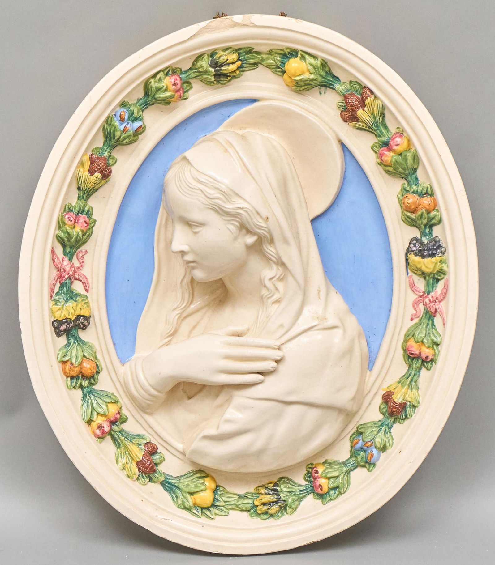 Luca Della Robbia, Madonna and Child Ceramic Medallion: Luca Della Robbia, Madonna and Child ceramic medallion, labeled "170", "made in Italy", with maker's mark, measures: 23 x 19 We happily provide seamless shipping services on everything we sell. Please