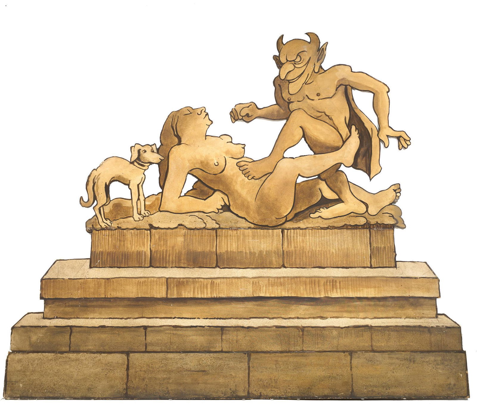 Maurice Sendak, Demon, Dog and Woman Stage Prop: Maurice Sendak (1928-2012), Demon Dog and Woman theatrical stage prop, acrylic, carved wood, linen canvas, marked 'rape statue', 123"h x 151"w x 2"d Maurice Bernard Sendak was an American illustrator