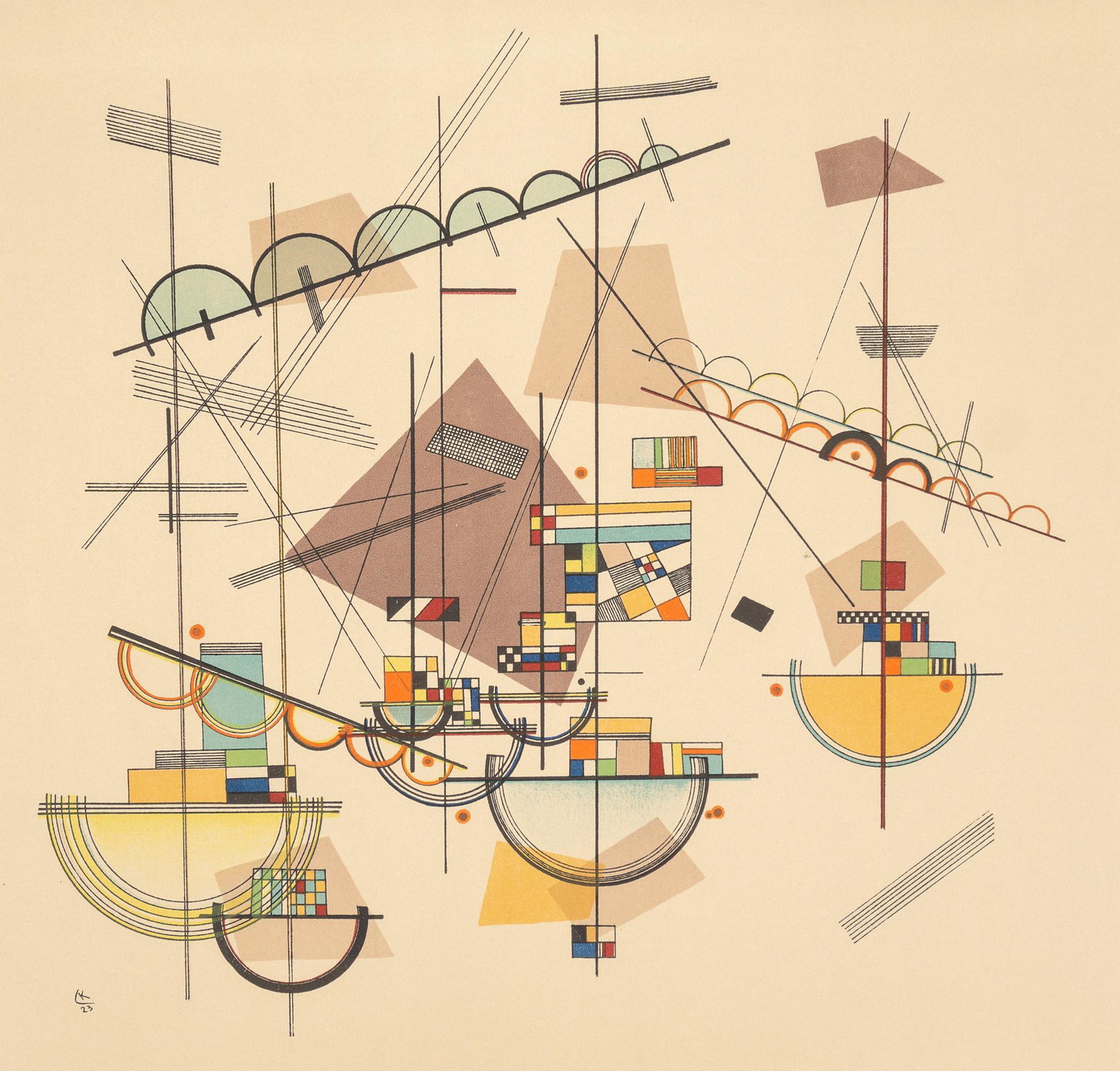 Wassily Kandinsky, "Lyrique": Wassily Kandinsky (1866-1944), "Lyrique", shapes on taupe, print, numbered 69/600, 14 x 14" We happily provide seamless shipping services on everything we sell. Please email us at shipping@vogtauction