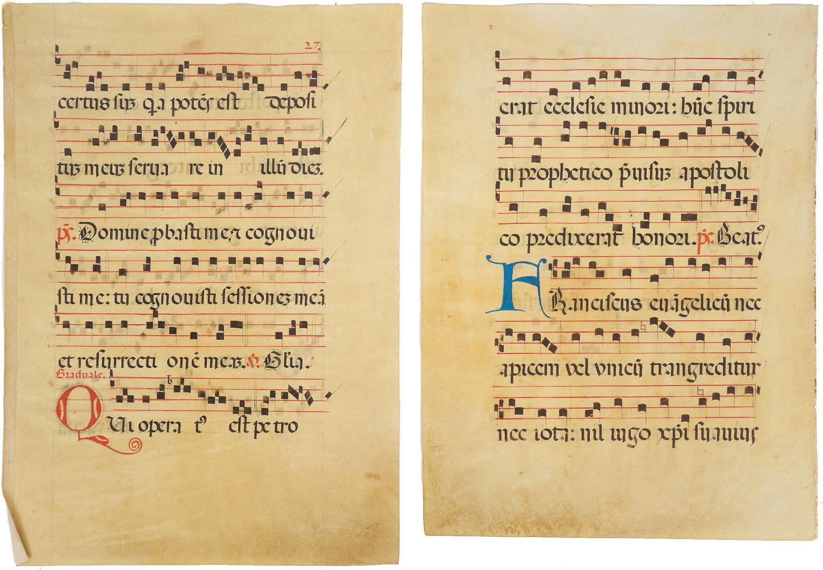 2 Hymnal Tablature, Manuscript: 2 Hymnal tablature, vellum manuscript hymnal leaf with latin text, measures 20.25"h x 16"w We happily provide seamless shipping services on everything we sell. Please email us at shipping@vogtauction.