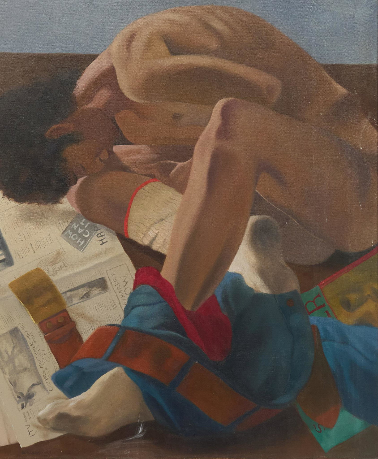 Andre Durand, "The Kiss": Andre Durand, "The Kiss", seated nude, oil on canvas, sight: 25 x 31", frame: 24.5 x 34.75" Purchased by Mr. Tobin from Helikon and Seymus Antiques Ltd., London, England (Phaeton Arts) We happily prov