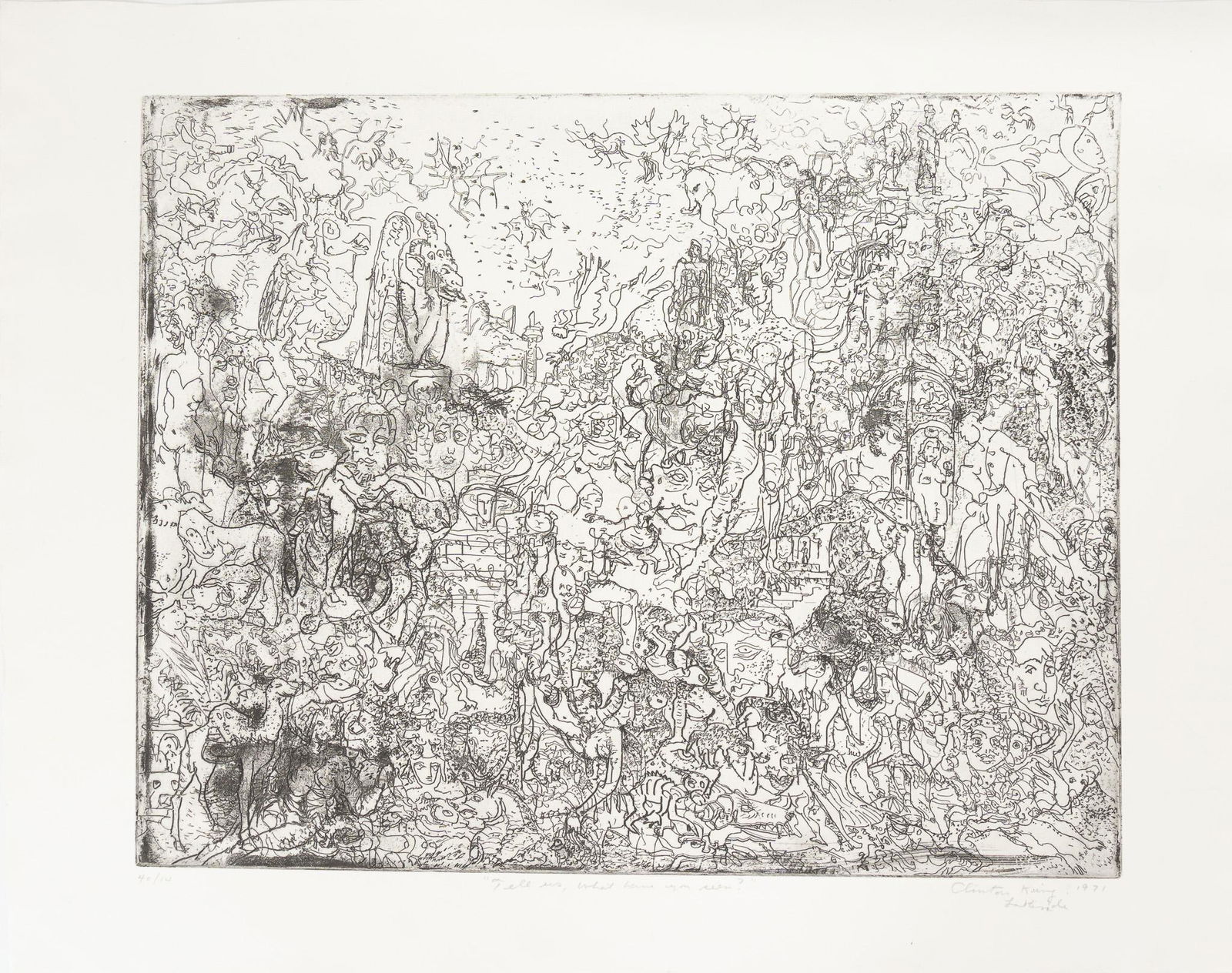 Clinton King, "Tell Us, What Have You Seen?", 1971: Clinton King, "Tell Us, What Have You Seen?", 1971, hand signed, ink on paper, numbered "40/14" We happily provide seamless shipping services on everything we sell. Please email us at shipping@vogtauc