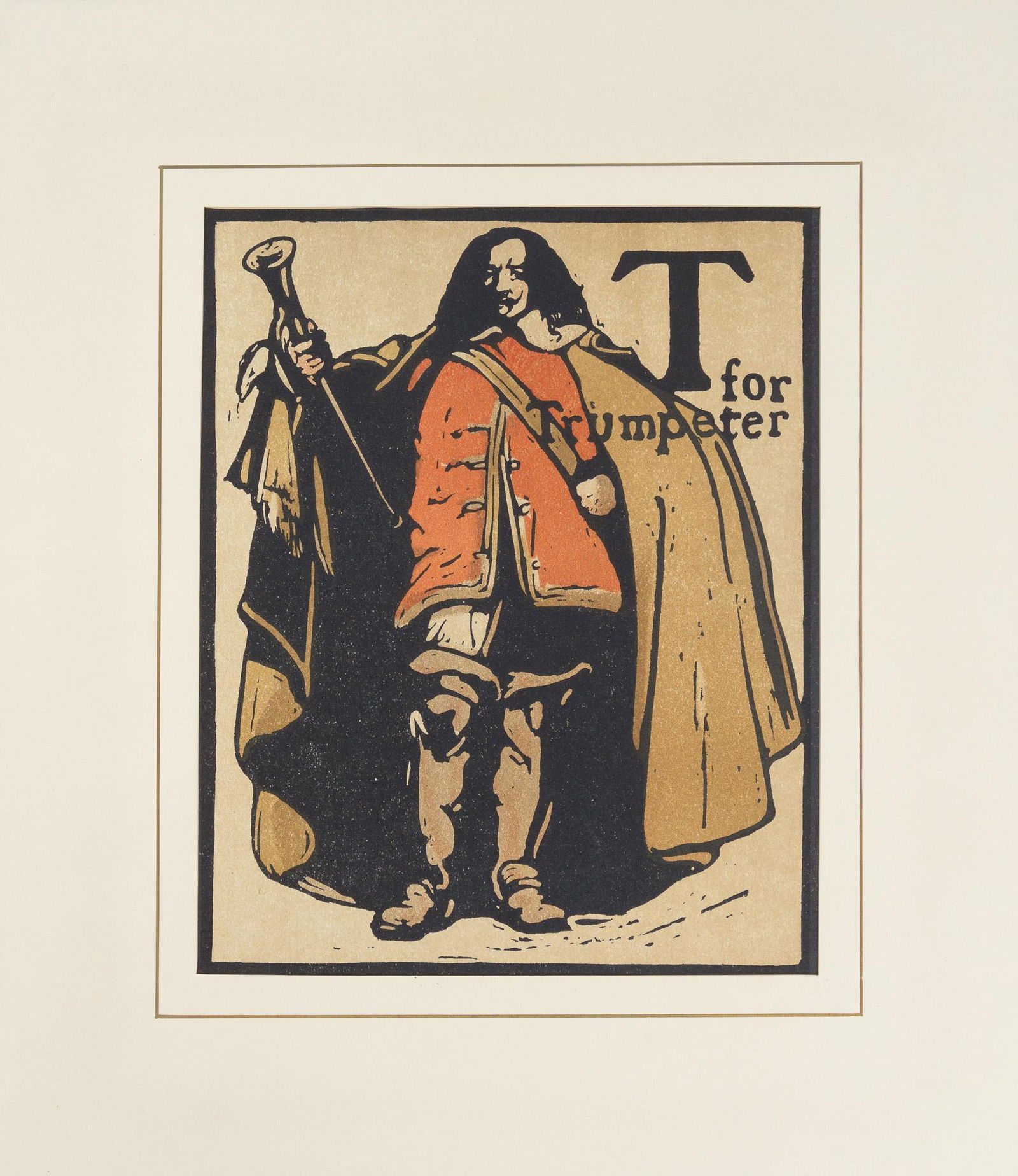 William Nicholson, "T for Trumpeter", 1898: William Nicholson (1872-1949), "T for Trumpeter", 1898, woodcut in color, sight: 9 x 8", matte: 14.75 x 12.75" We happily provide seamless shipping services on everything we sell. Please email us at s