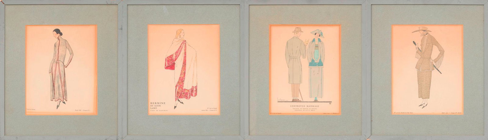 Lot of 4 French Fashion Sketches: Lot of four French fashion sketches, print, "Annee 1922", sight: 9 x 7.25", frame: 14.5 x 12.5" Condition: one frame separating on the top two corners We happily provide seamless shipping services on 