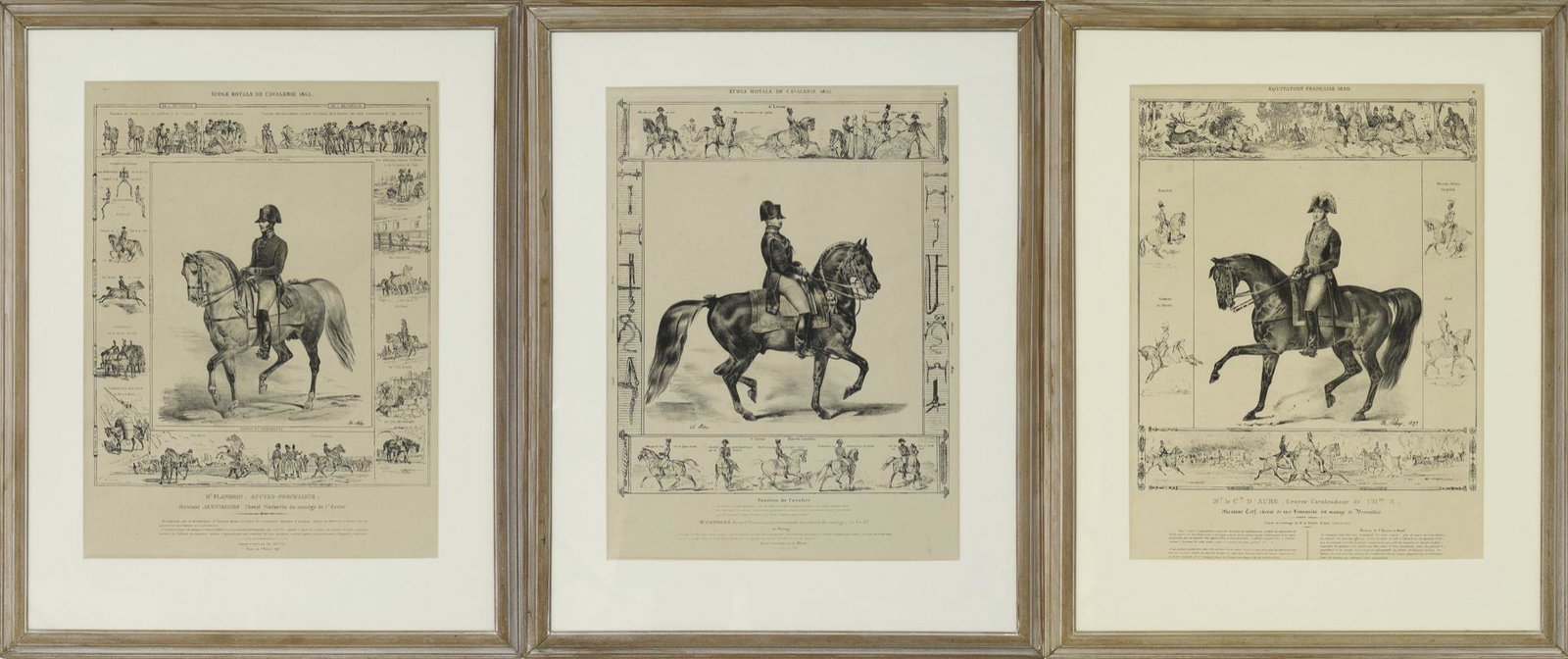 Lot of 3 French Equestrian Infographics: Artist Unknown, untitled lot of three French equestrian, two labeled "Ecole Royale De Cavalrie 1833", one labeled "Equitation Francaise 1830", lithograph, sight: 15.5 x 11.5", frame: 21.75 x 17.5" Con