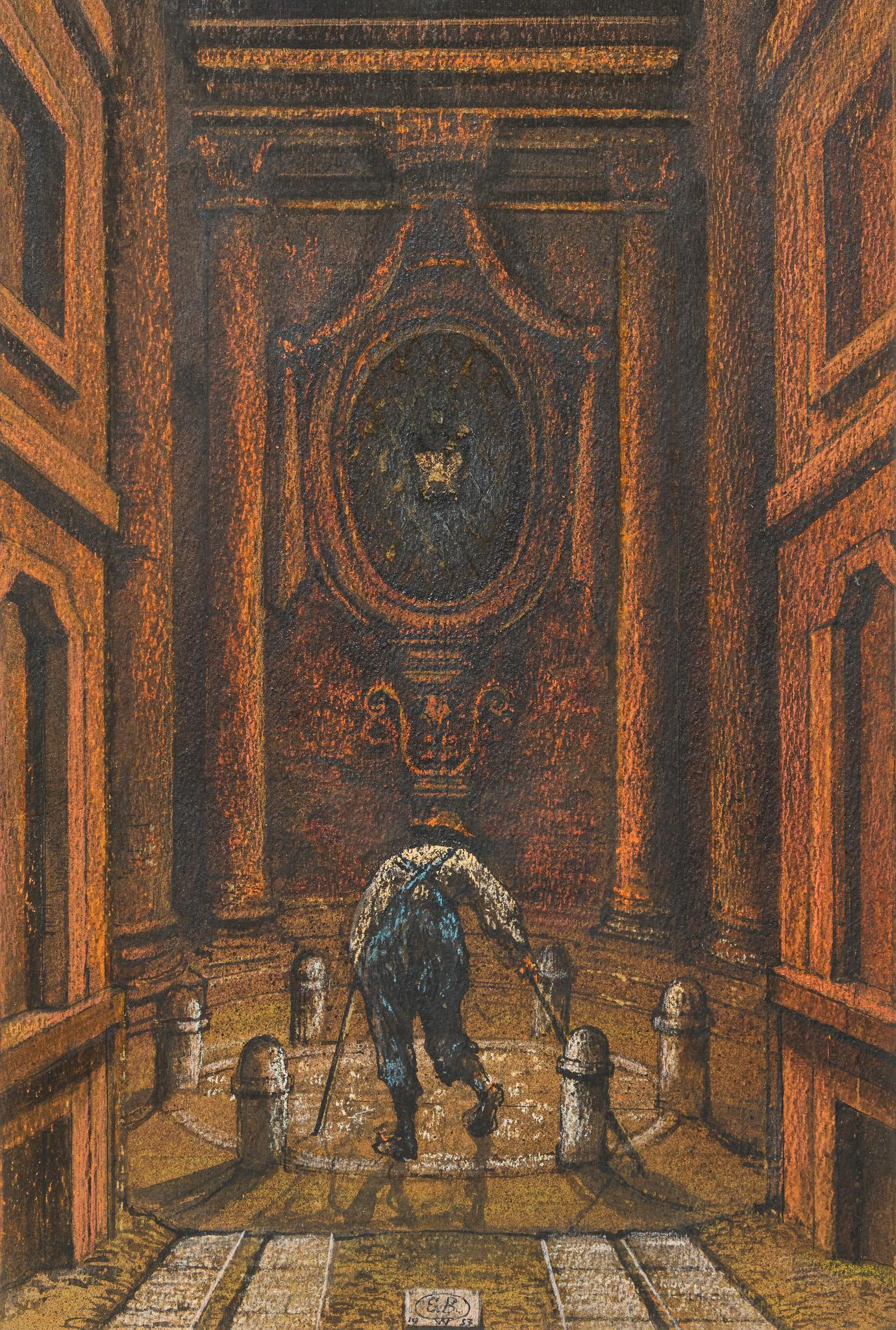 Eugene Berman, "Roma- Francesco Borromini", 1953: Eugene Berman (1899-1972), "Roma", Hommage to Francesco Borromini, a leading figure in Roman Baroque architecture, 1953, signed, pastel and ink on paper, sight: 18.5 x 12.5", frame: 20.75 x 14.5" Euge