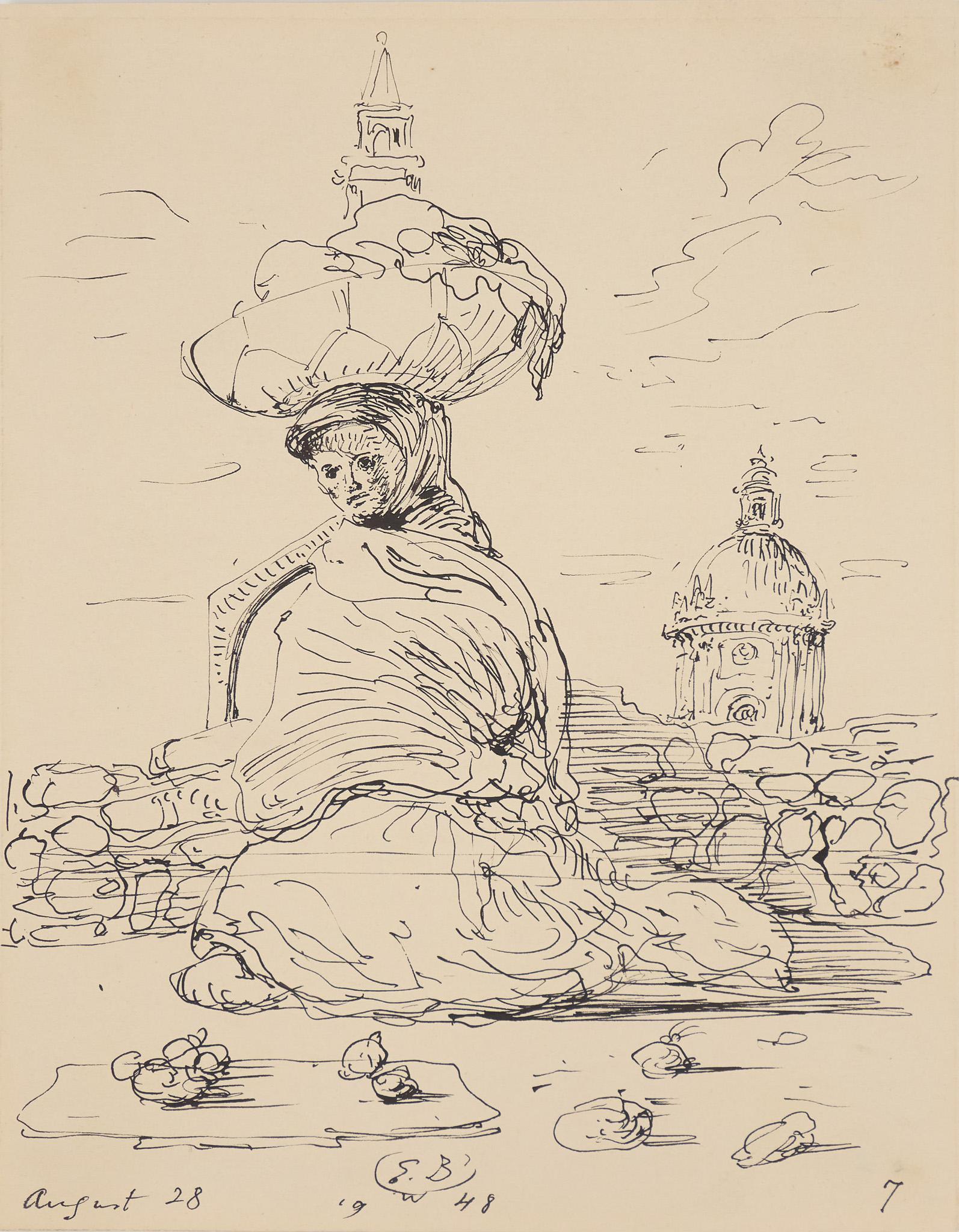 Eugene Berman, "Mexico", 1948: Eugene Berman (1899-1972), "Mexico", woman carrying laundry, 1948, ink on paper, marked 'August 28' and '7', sight: 12 x 9" Eugene Berman was born in Russia and was well known for Baroque stage set de