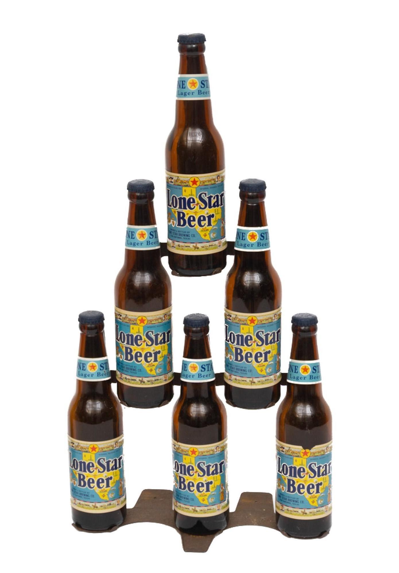 1940 Lone Star Beer 1st Label Bottle Display: 1940 Lone Star Beer advertising acrylic and metal bottle display, featuring the first Lone Star label on six bottles, freestanding 21.5"h x 12"w x 6"d Provenance: A San Antonio, TX Collection We happi