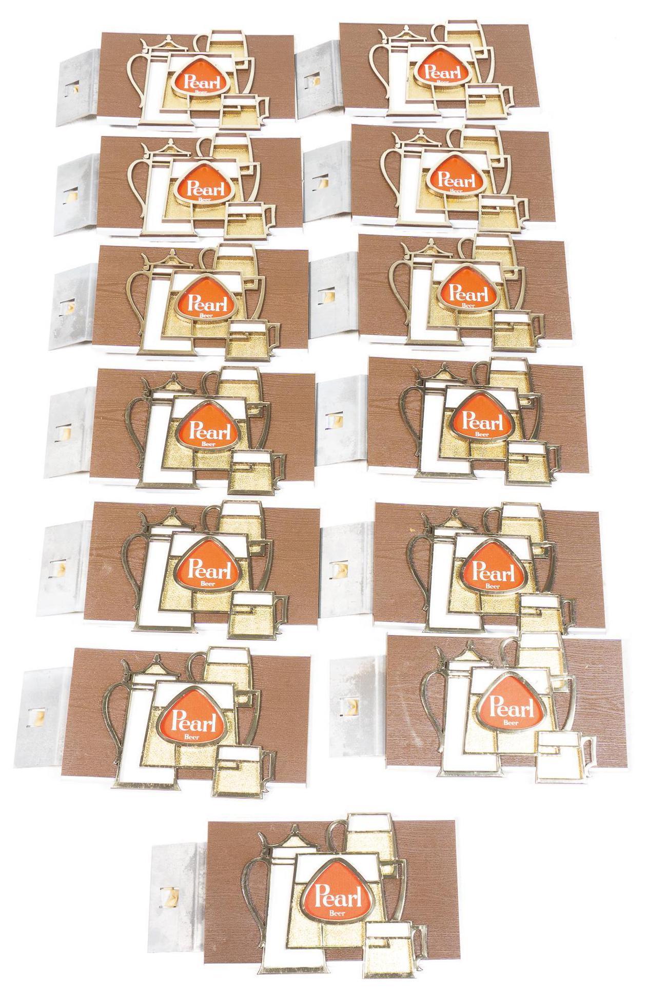 Collection of 12 Pearl Beer Wall Sconces: Collection of twelve vintage Pearl Beer acrylic and metal wall sconces, having stein motif, single-sided 5"h x 15"w/ each Provenance: Property from the former Charlott's Antiques, est. 1966 (San Anton