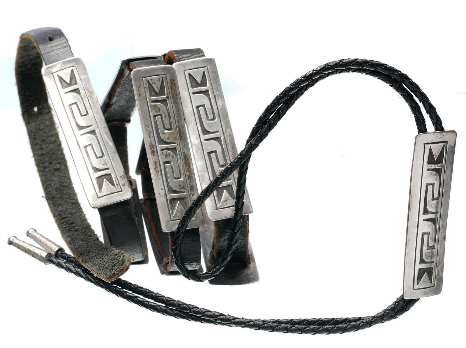 Vintage Navajo Nation Sterling Overlay Belt, Bolo Tie (1 of 3)