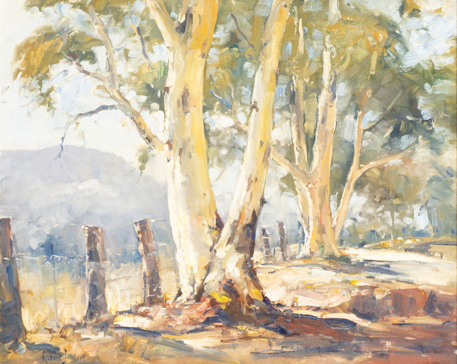 Robert Johnson (1890-1964), Fence Line: Robert Johnson (1890-1964), fence line, oil on canvas, framed sight: 18"h x 22"w We happily provide seamless shipping services on everything we sell. Please email us at shipping@vogtauction.com or cal