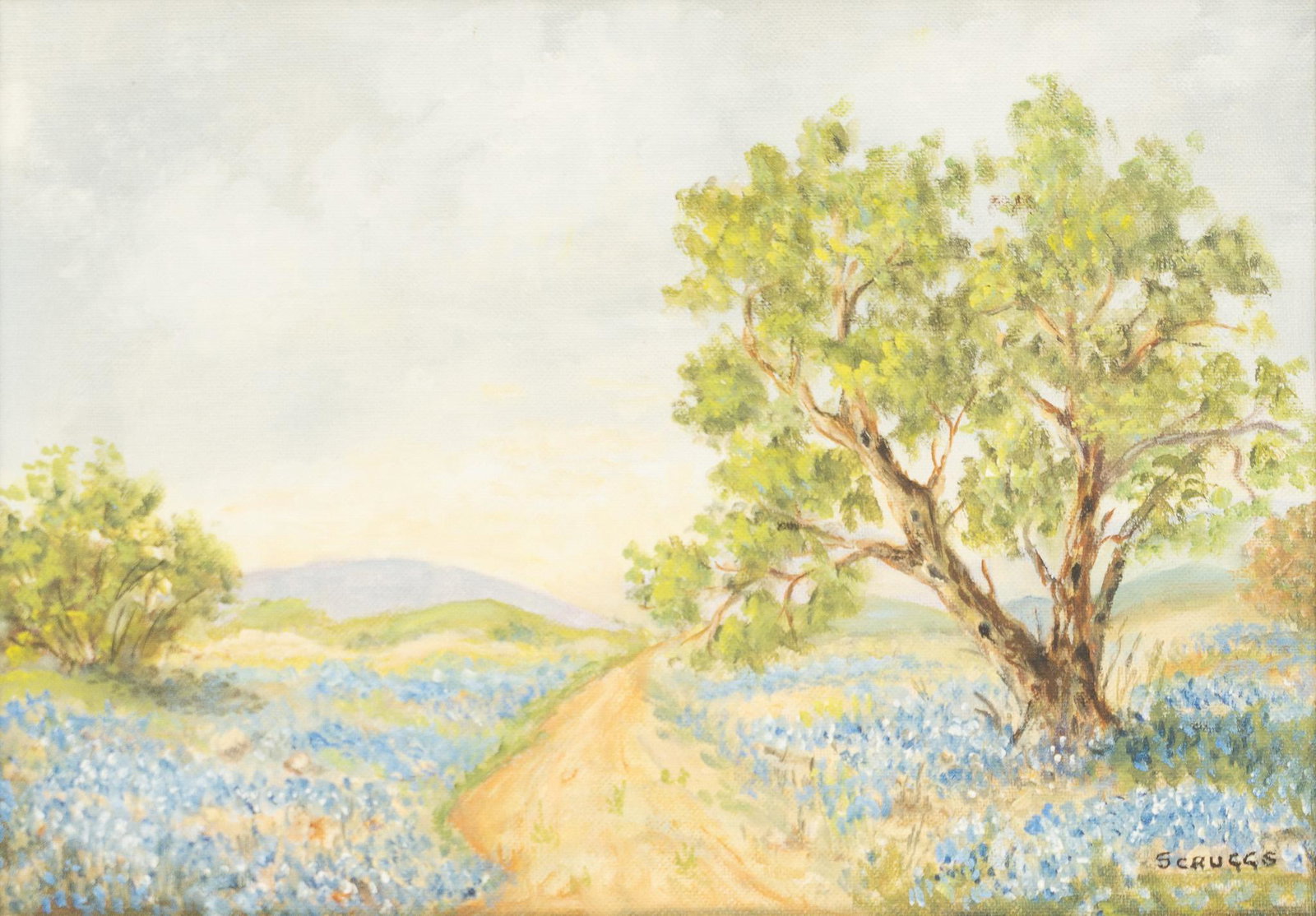 Scruggs, Bluebonnets: Scruggs, bluebonnet landscape, oil on canvas, framed frame: 13"h x 17"w Provenance: A San Antonio, TX Collection We happily provide seamless shipping services on everything we sell. Please email us at