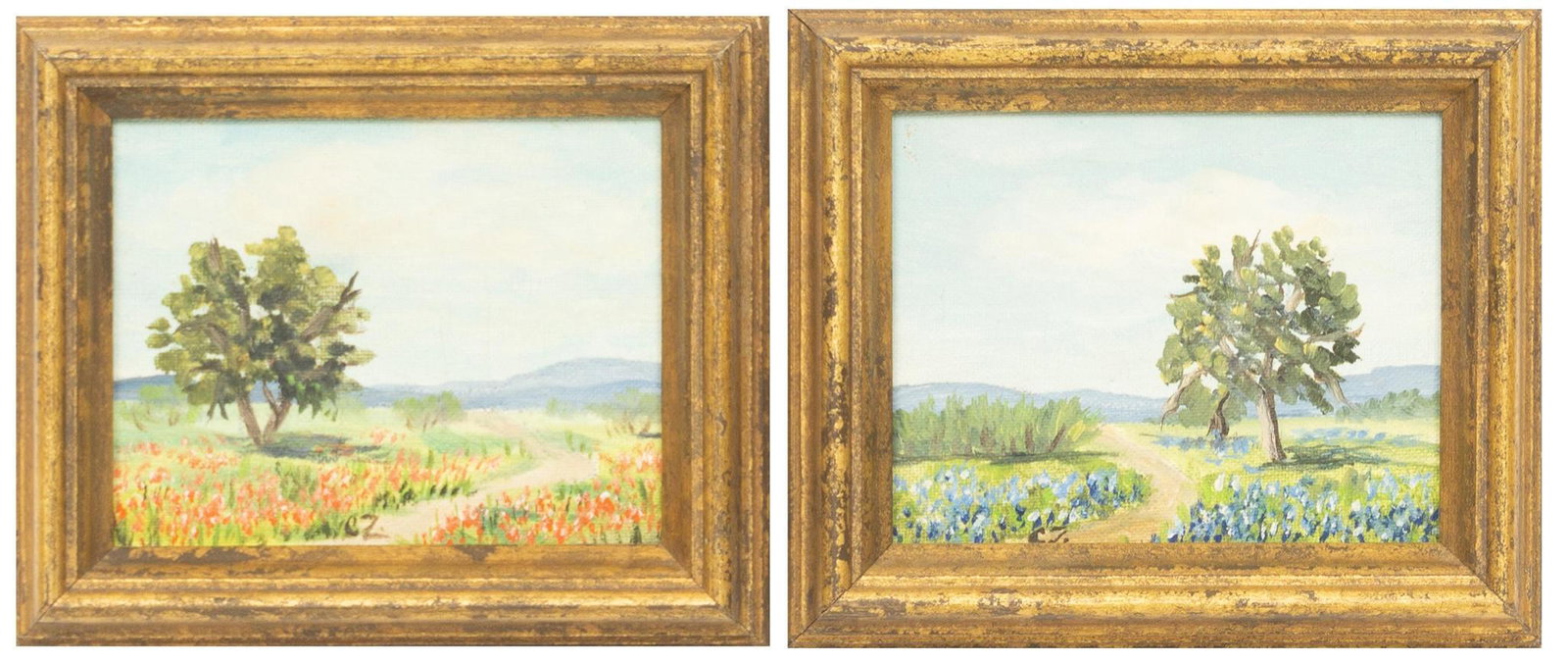 Carolyn Zawora (20th C., San Antonio, TX), Pair: Carolyn Zawora (20th C., San Antonio, Texas), pair of landscapes, oil on canvas, framed frame: 5.5"h x 6.5"w Provenance: A San Antonio, TX Collection We happily provide seamless shipping services on e