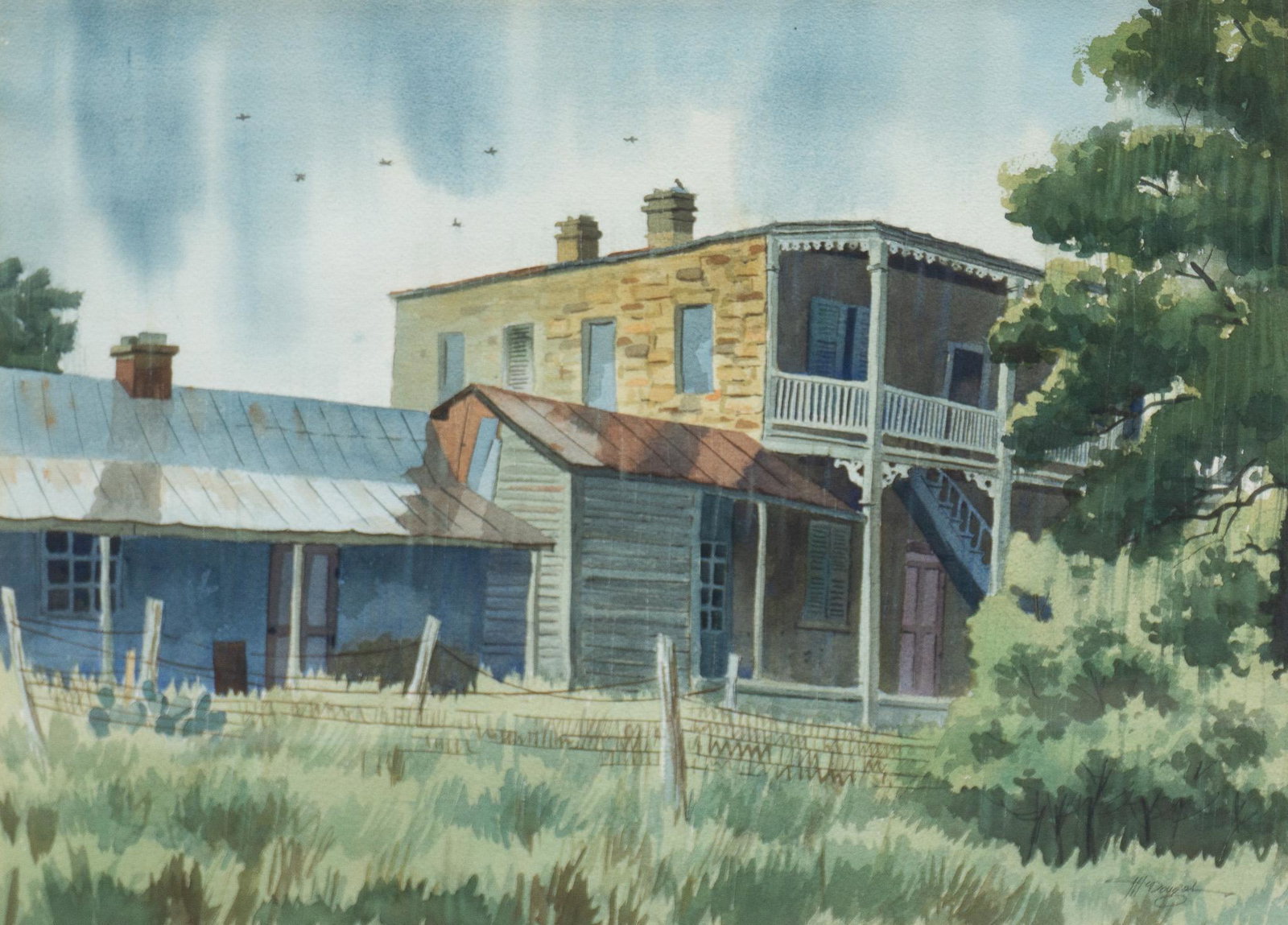 Ivan McDougal, Homestead: Ivan McDougal, homestead, watercolor, framed sight: 17"h x 22.5"w, frame: 26.5"h x 31.25"w Provenance: A San Antonio, Texas collection We happily provide seamless shipping services on everything we se