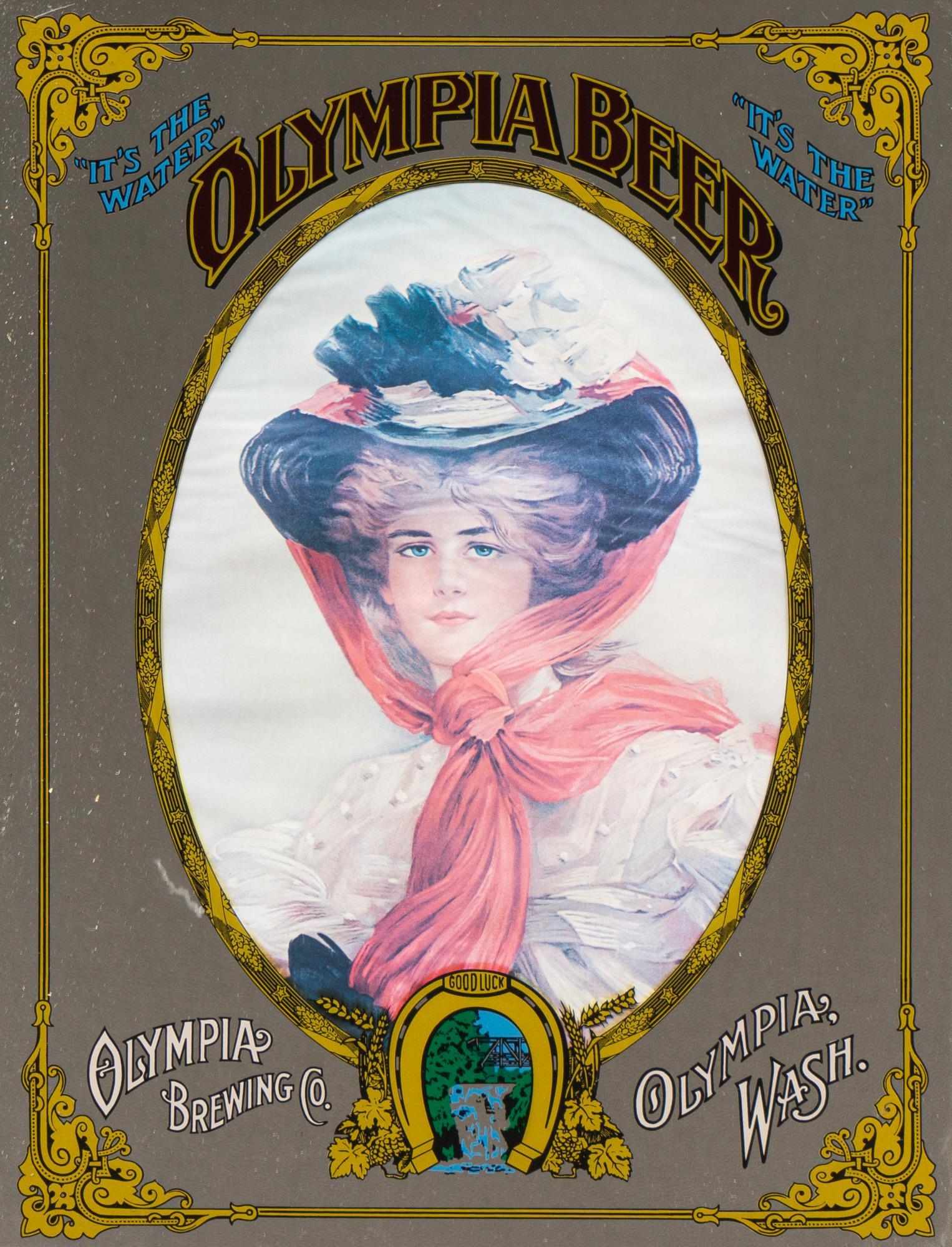 Olympia Beer "It's the Water" Mirror: Olympia Brewing Co. (Olympia, Wash.) beer etched bar mirror, "It's the Water", Early American motif, breweriana 29"h x 23"w Provenance: The Collection of Roy Craig (San Antonio, TX) We happily provide