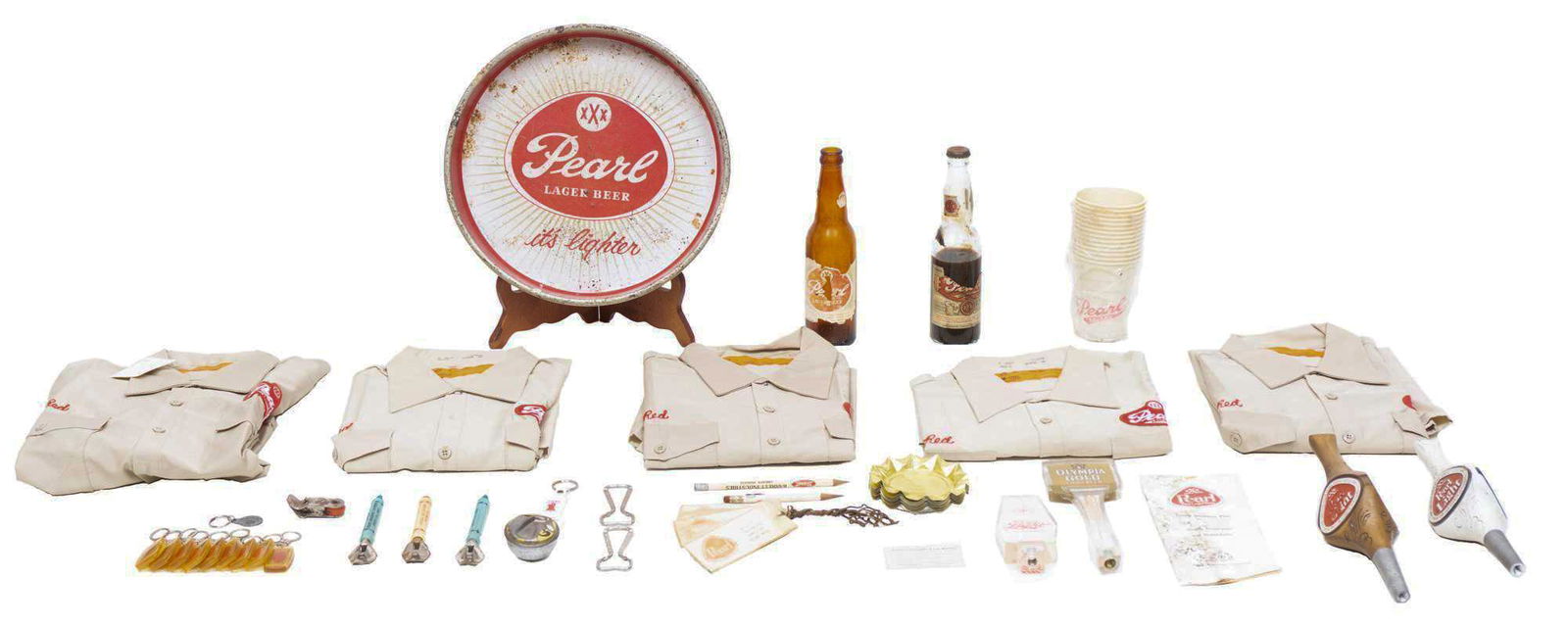 Collection of Breweriana, To Include Pearl Beer: Collection of breweriana, to include Pearl beer, Casa Blanca, Olympia Gold, tray, Pearl beer uniforms, tap pulls, key chains, ash trays, bottle openers, etc 13"h x 13"w x 2"d/ largest We happily provi