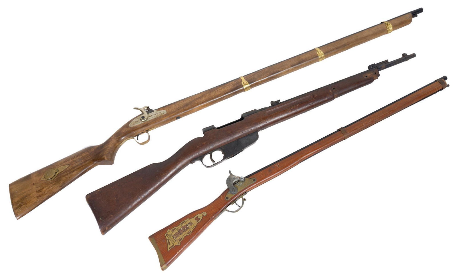 Collection of 3 Vintage Inoperable Prop Guns: Collection of three vintage inoperable prop guns, to include Italian RE Terni 1939 XVIII Carcano 7.35x52mm Bolt-Action Rifle (FFL TRANSFER REQUIRED), Serial: Z1683, Manufacturer: R-E Terni, Model: XVI