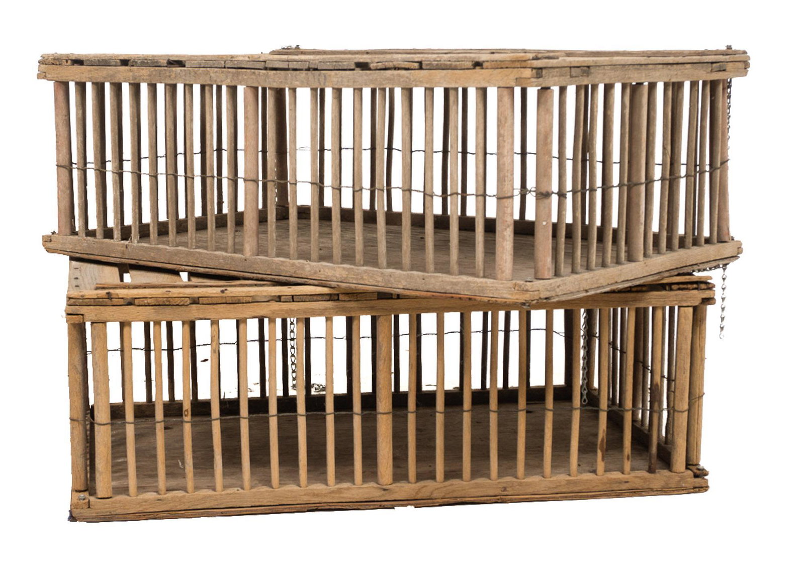Pair of Rustic Pigeon Cages: Pair of rustic wooden and metal pigeon cages 12"h x 23"w x 35"d/ each â€‹â€‹â€‹â€‹â€‹â€‹â€‹Provenance: A San Antonio, TX Estate We happily provide seamless shipping 