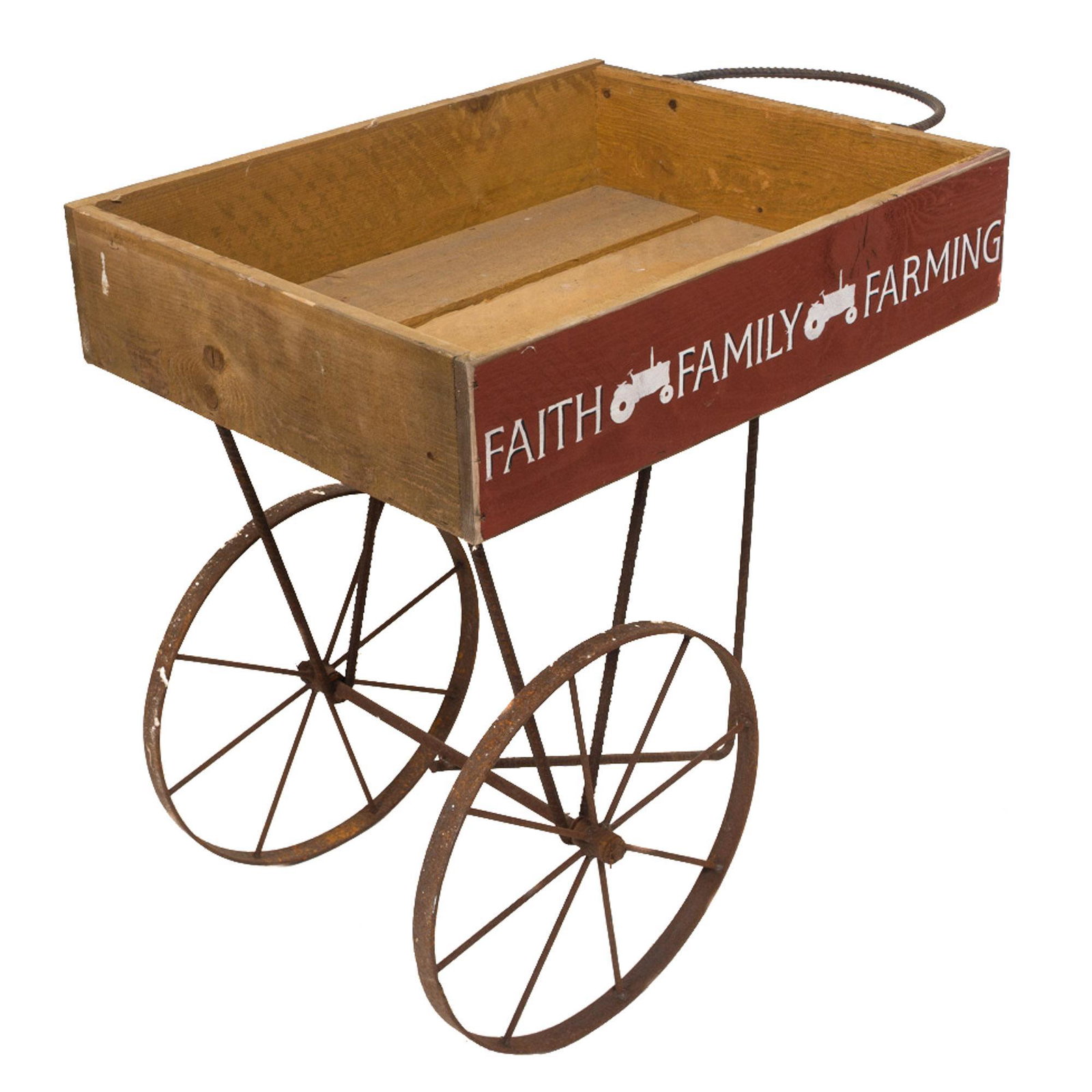 Farmhouse Popcorn Cart: Farmhouse popcorn cart, having wooden crate with metal accents, painted accents that read "Faith Family Farming", rising on spoke metal wheels 27"h x 19"w x 24"d â€‹â€‹â€‹â€‹â€�