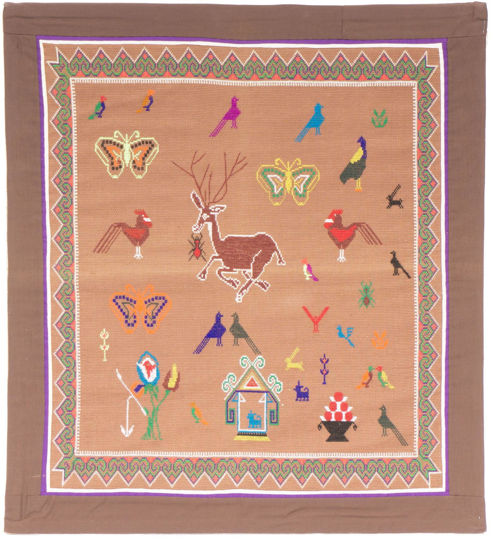 Santa Fe New Mexico Textile: Vintage Santa Fe New Mexico woven textile, having classical Native American motifs 21.5"h x 19.5"w We happily provide seamless shipping services on everything we sell. Please email us at shipping@vogt