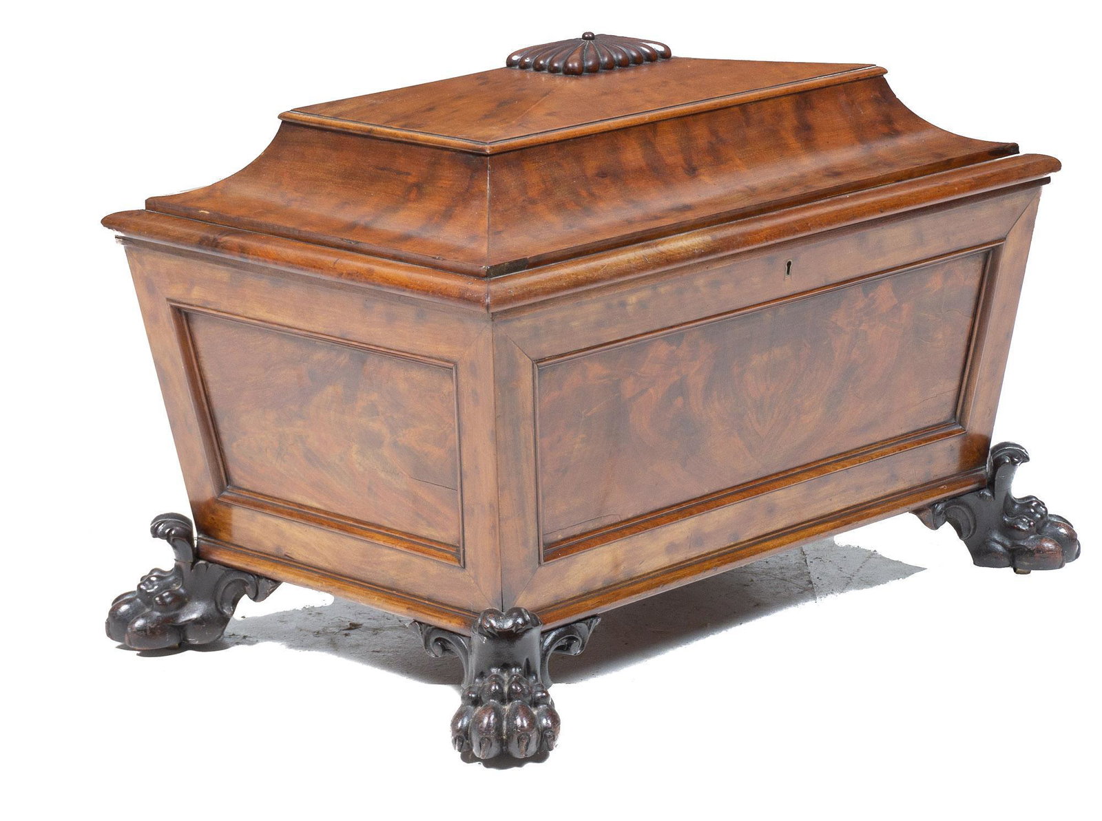 19th C. Victorian Wine Cellarette: Victorian wine cellarette, having hinged arched top lid that opens to storage compartment, rising on iron claw feet, smoke painted, circa 1820 24"h x 36"w x 24"d Provenance: A Hill Country Village, Te