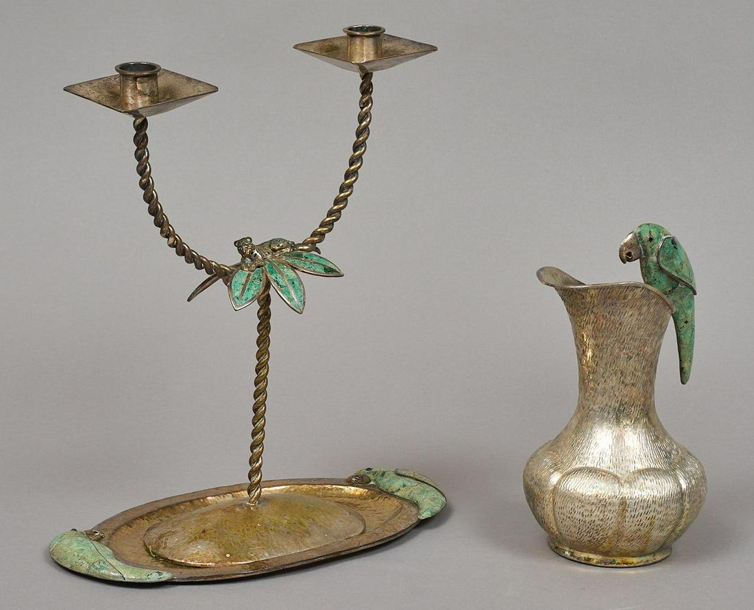 Emilia Castillo Mexico (Los Sotelo) Jaguar, Parrot Pair: Emilia Castillo jaguar candle holder and Castillo (Los Sotelo, Mexico) silverplate decor, to include pitcher, with stone parrot 16"h x 13"w x 7"d/ largest Provenance: The collection of philanthropist 