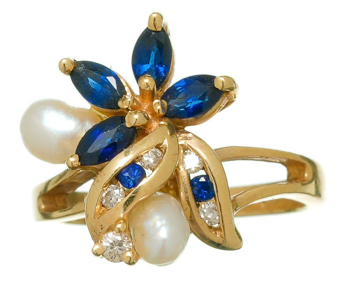 Sapphire Flower Blossom Pearl Diamond 14k Gold Ring (1 of 6)
