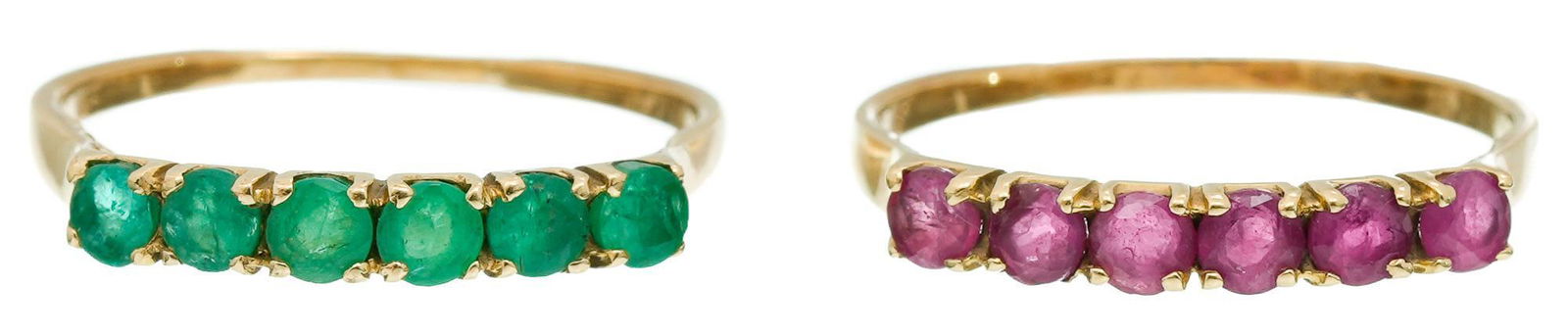 Ruby Emerald Stack 14k Gold Band Rings: c1970 vintage ruby and emerald 14k gold stackable rings Ring size: 6.5 sizeable, total weight: 2.8 grams Provenance: The collection of Pat and Bill Crome, Elgin, Texas *All diamond or stone details in