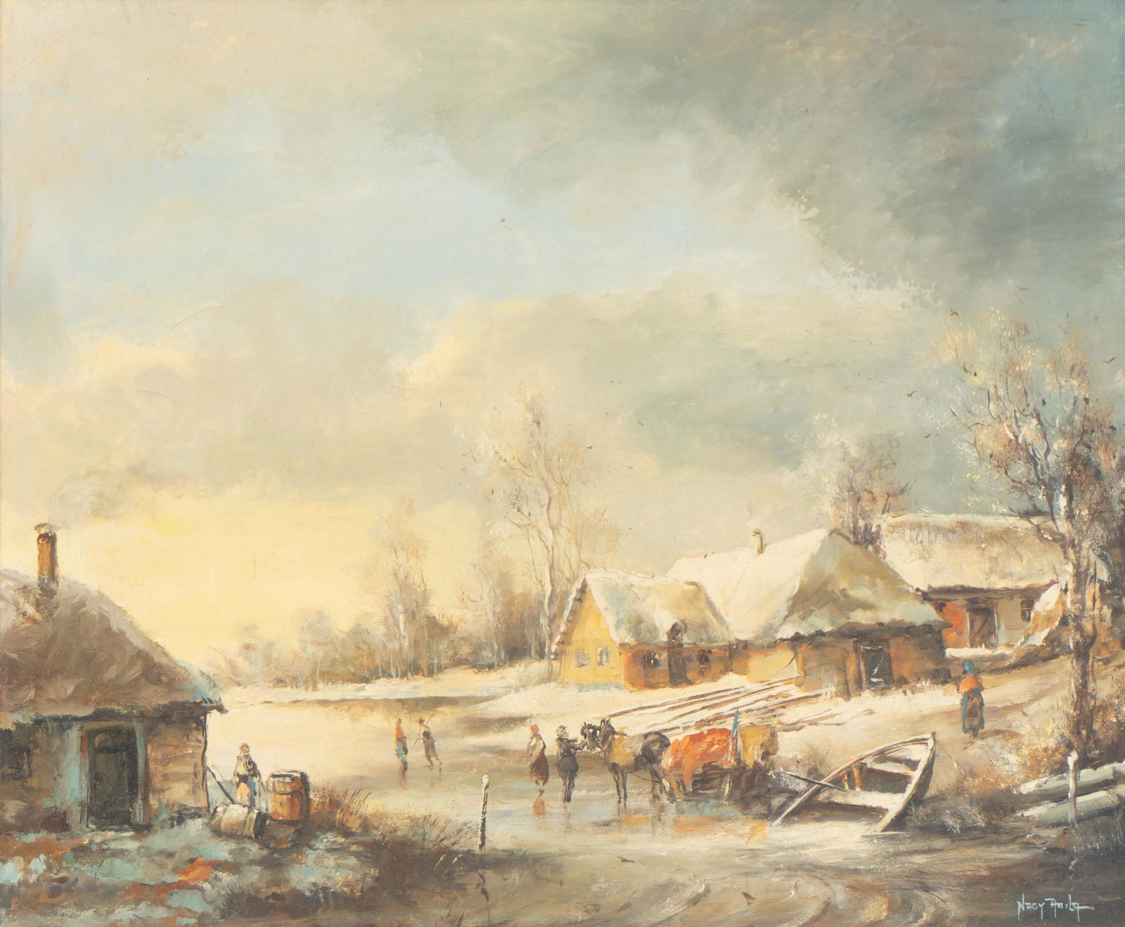 Nagy Anita (b. 1928, HU), "Rural European Landscape": Nagy Anita (b. 1928, Hungary), "Rural European Landscape", dated 1979, oil on canvas, framed, marked "1979 Award Winner #1" sight: 19.5"h x 23.5"w, frame: 29"h x 32"w Provenance: The William and Mary 