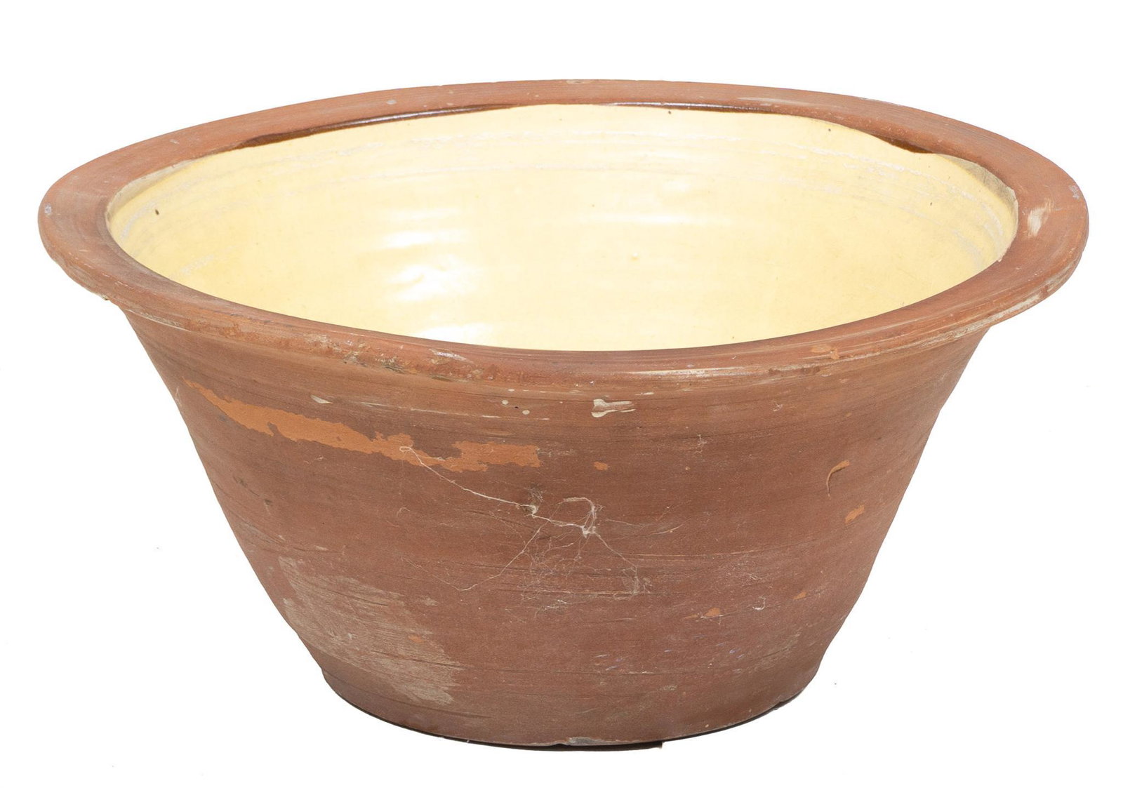 Earthenware Dough Bowl: Dual tone glazed earthenware dough bowl 9"h x 19"d We happily provide seamless shipping services on everything we sell. Please email us at shipping@vogtauction.com or call 210-971-5750 for more inform