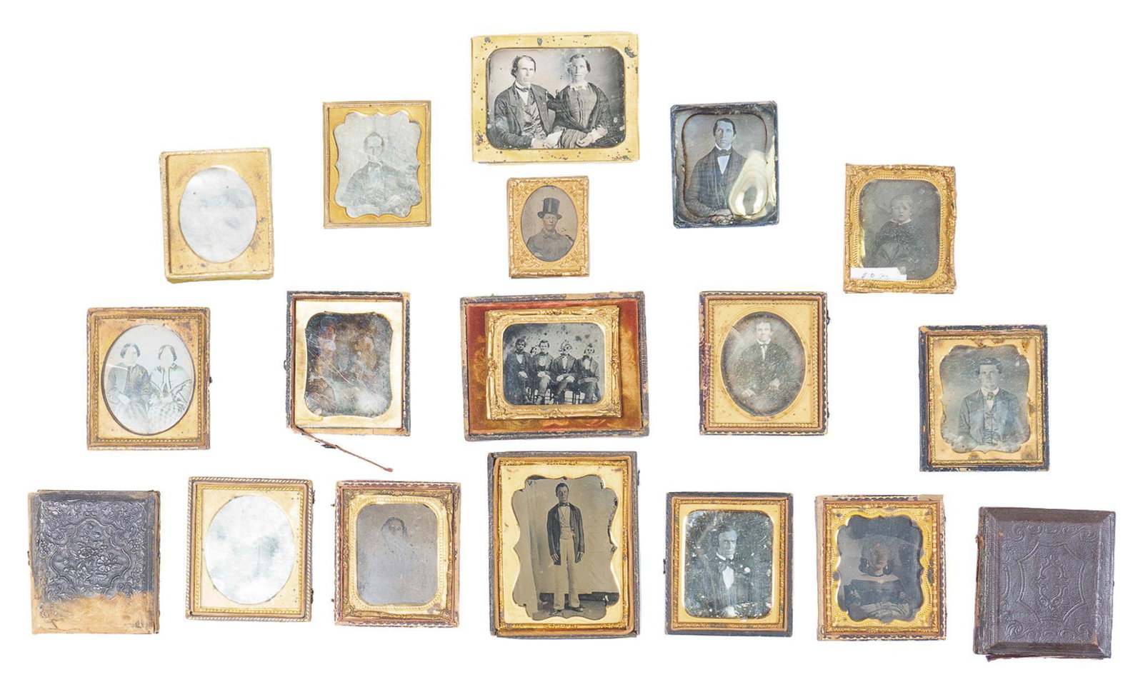 Collection of 18 Daguerreotypes: Collection of eighteen 19th century Daguerreotype photographic prints in frames 5"h x 4"w/ largest Provenance: The Estate of Mary Ann Delmer, San Antonio, Texas We happily provide seamless shipping se
