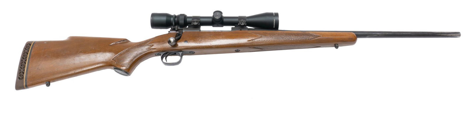 Winchester Model 770 .22-250 Rem Bolt-Action Rifle: Serial: G925487 Manufacturer: Winchester (c.1969-1971) Model: 770 Caliber: .22-250 Rem Barrel length: 22" Condition: Fair; wood stock has fair amount of wear & handling marks; barrel blue finish has a
