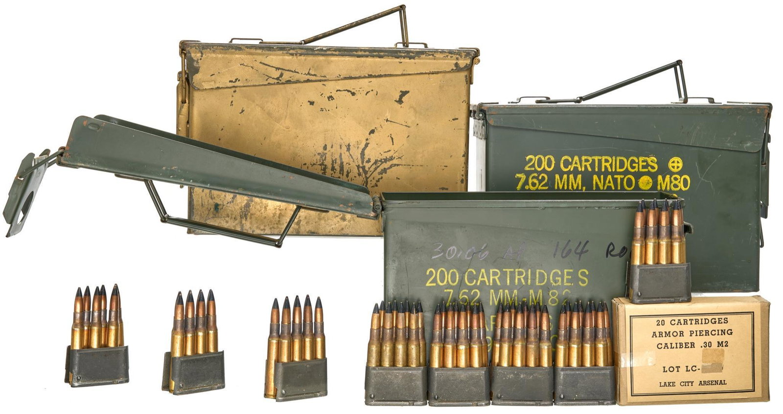 Approx. 516 Rounds of Armor Piercing .30-06SPRG: Includes: -144 rds of .30 M2 8-rd M1 Garand clips on bandoleers; TW 40528 -192 rds of .30 Ball M2 8-rd M1 Garand clips on bandoleers; LC 42351 -160 rds of .30 M2 8-rd M1 Garand clips -20 rds of LCA .3