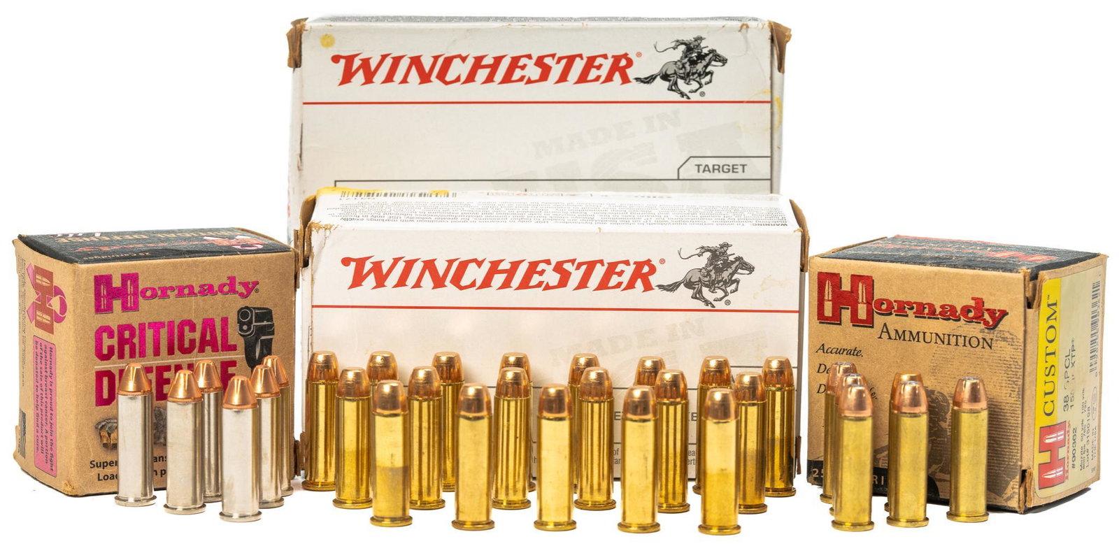 115 Rounds of .38 SPL Ammunition: FMJ & Defense: Includes: -25 rds of .38 SPL 90 Gr FTX Hornady Critical Defense Lite -25 rds of .38 SPL 158 Gr XTP Hornady Custom -65 rds of .38 SPL 130 Gr FMJ Winchester Provenance: A Stone Oak, TX Estate All ammuni