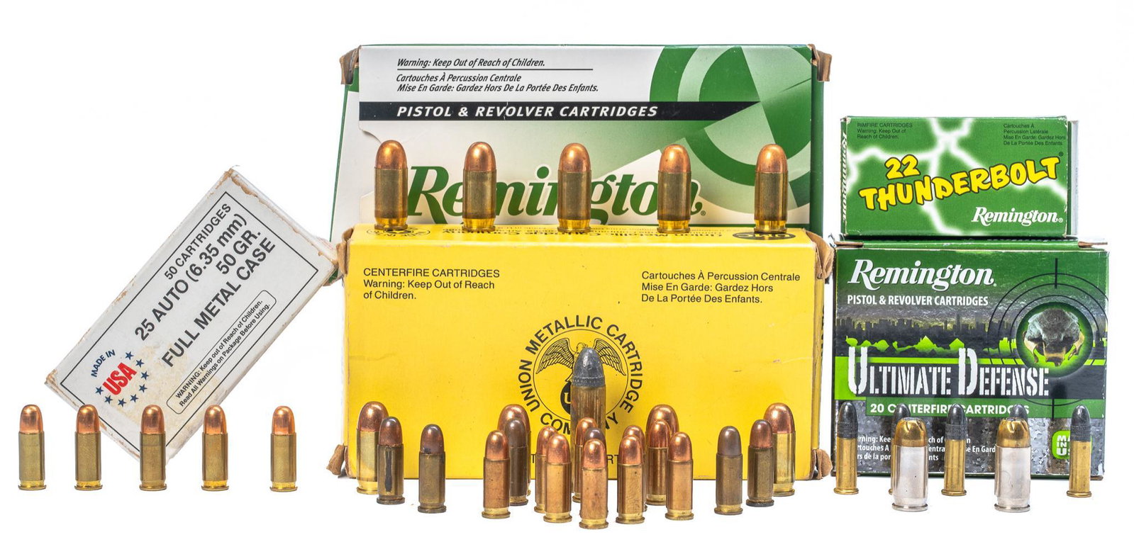 Lot of Misc. Ammunition: .380 Auto, .25 Auto, .22LR: Includes: -71 rds of R-P .380 Auto 95 Gr. FMJ -20 rds of R-P .380 Auto 102 Gr. Ultimate Defense -42 rds of Remington .22LR Thunderbolt -21 rds of Winchester 9mm FMJ -62 rds of Winchester .25 Auto 50 G