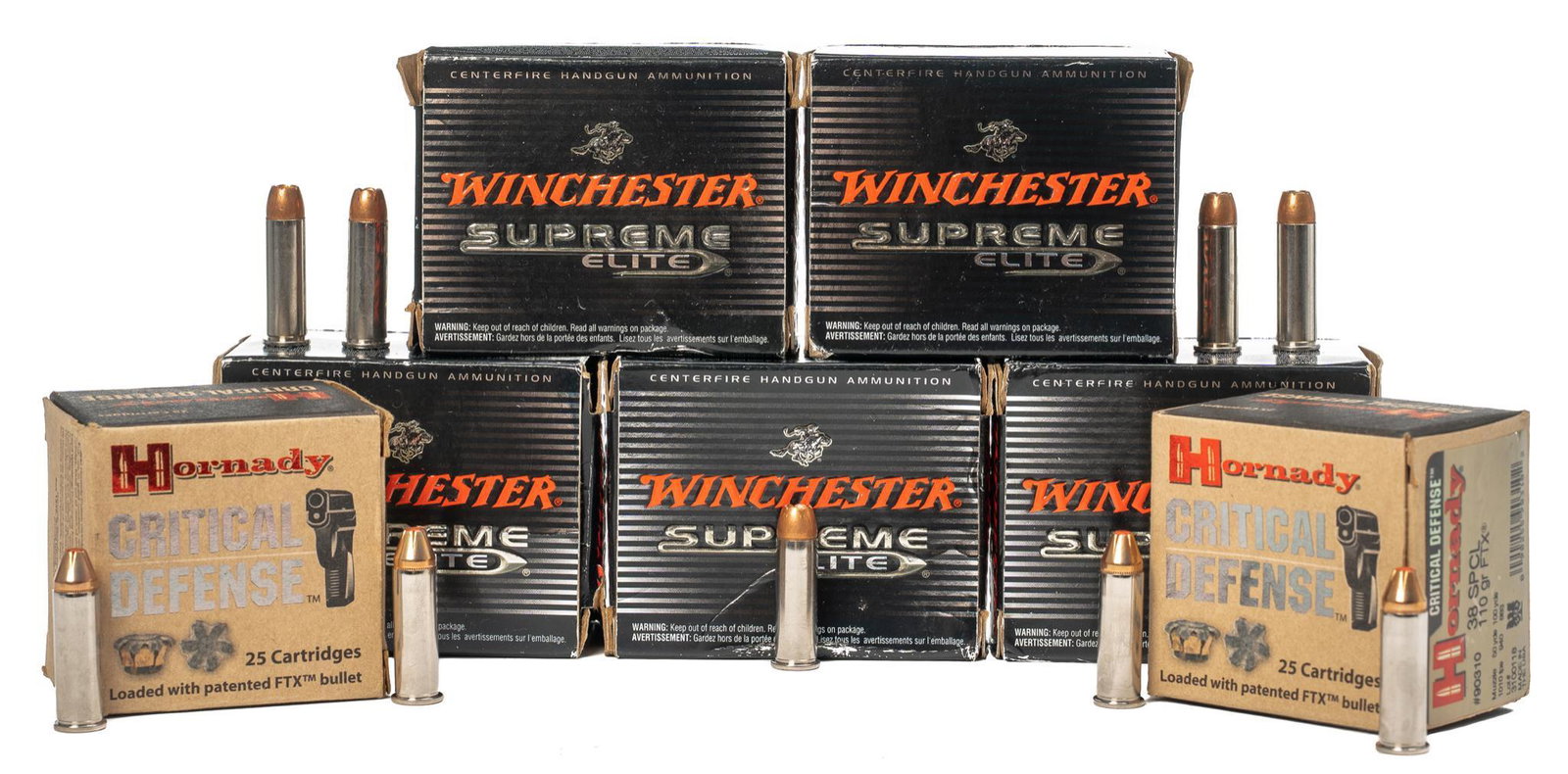 Approximately 141 Rounds of .38 SPL Ammunition: Includes: -94 rds of Winchester Bonded PDX1 .38 SPL +P 130gr JHP -47 rds of Hornady Critical Defense .38 SPL 110gr FTX Provenance: A San Antonio, TX Estate All ammunition within this auction is sold "