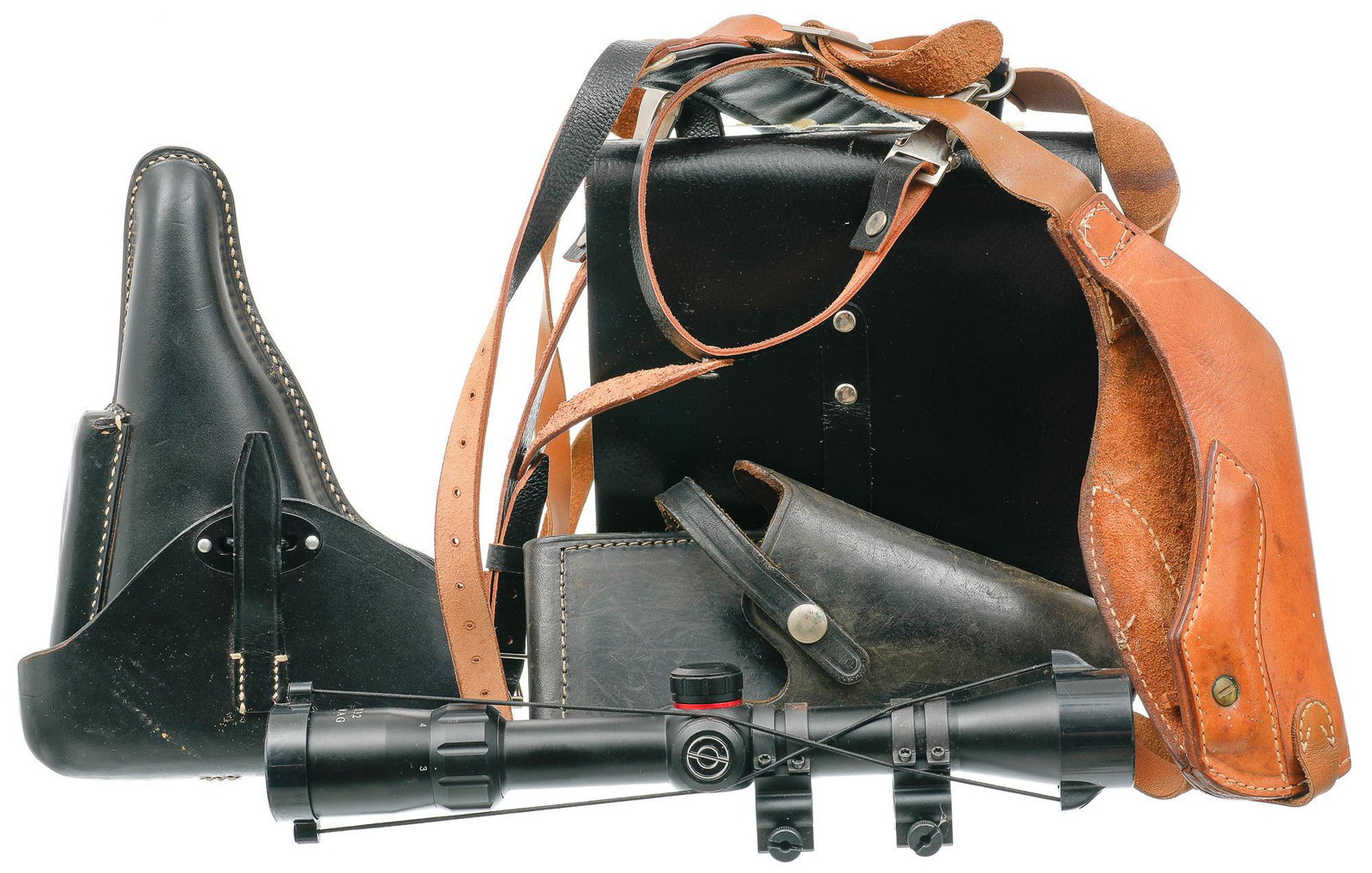 Collection of Leather Holsters, Saddle Bag & Scope: Includes: -East German map case; marked Mdl / I/G; excellent condition w/ light wear -Hunter leather shoulder harness holster; marked 3330 53M; good condition w/ fair amount of wear -Black leather bel