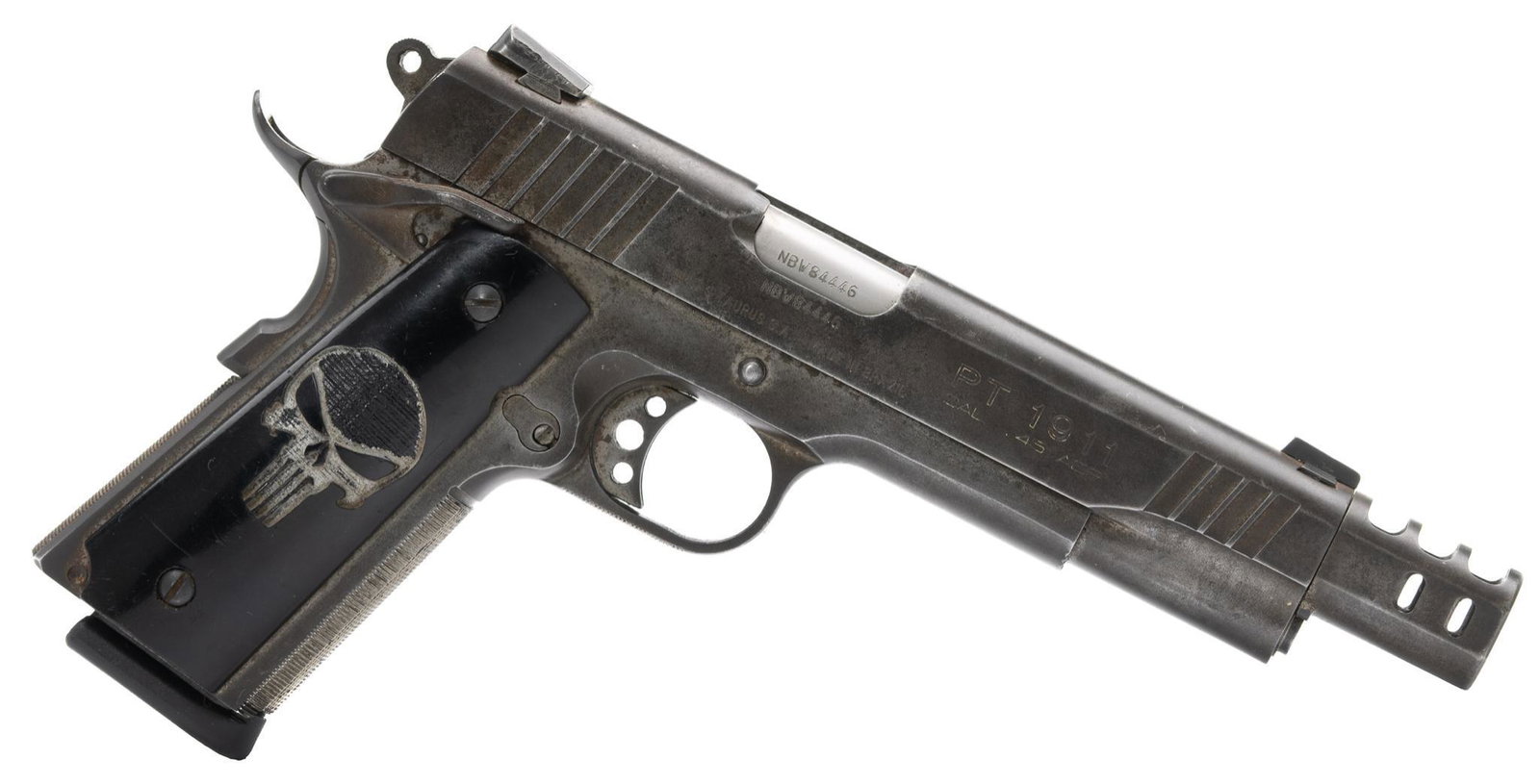 Taurus PT-1911 "Punisher" .45ACP Semi-Auto Pistol: Serial: NBW84446 Manufacturer: Taurus (c.1994) Model: PT-1911 Caliber: .45ACP Barrel length: 5" barrel (6.25" w/ compensator) Condition: Fair; plastic "Punisher" grips have fair amount of wear; frame 