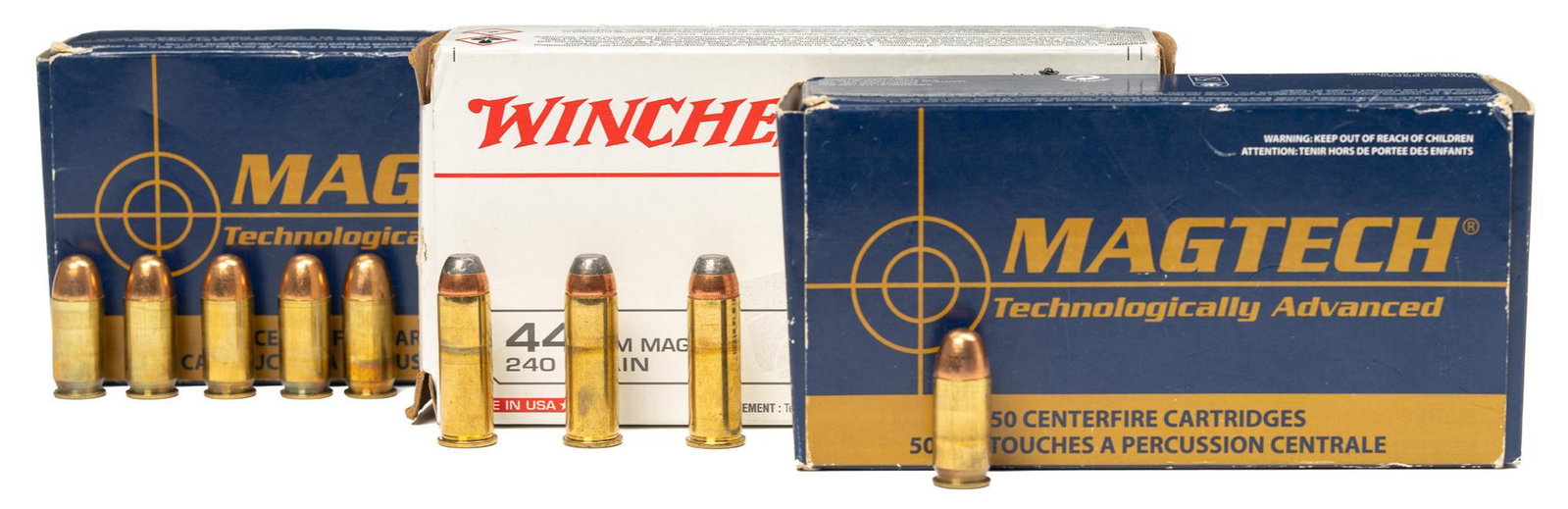 Approximately 119 Rounds of .45 ACP & .44 Mag: Includes: -62 rds of Magtech .45 ACP 230gr FMJ -7 rds of R-P .45 ACP -50 rds of Winchester .44 Rem Mag 240 gr jacketed SP Provenance: A San Antonio, TX Estate All ammunition within this auction is sol